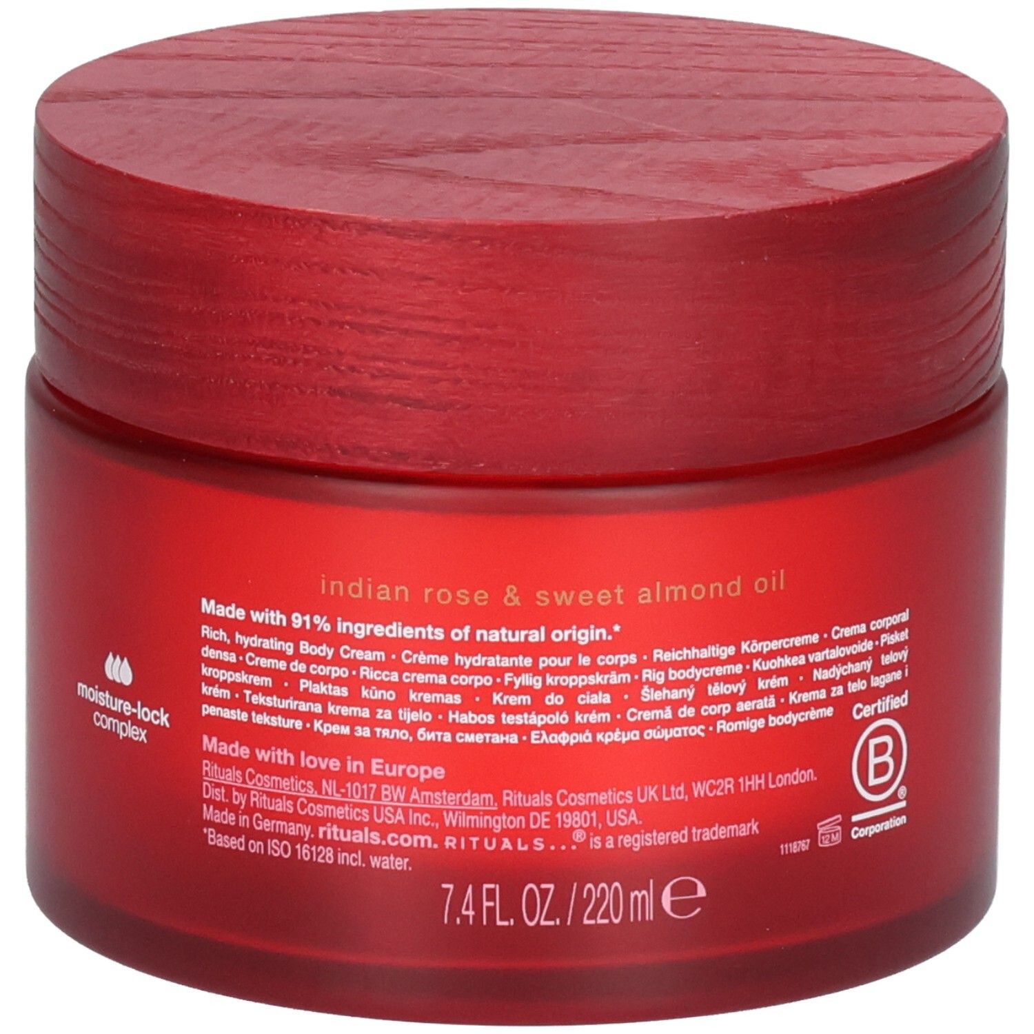 Rückseite des RITUALS The Ritual of Ayurveda Body Cream Behälters mit detaillierten Produktinformationen und 220ml Angabe.