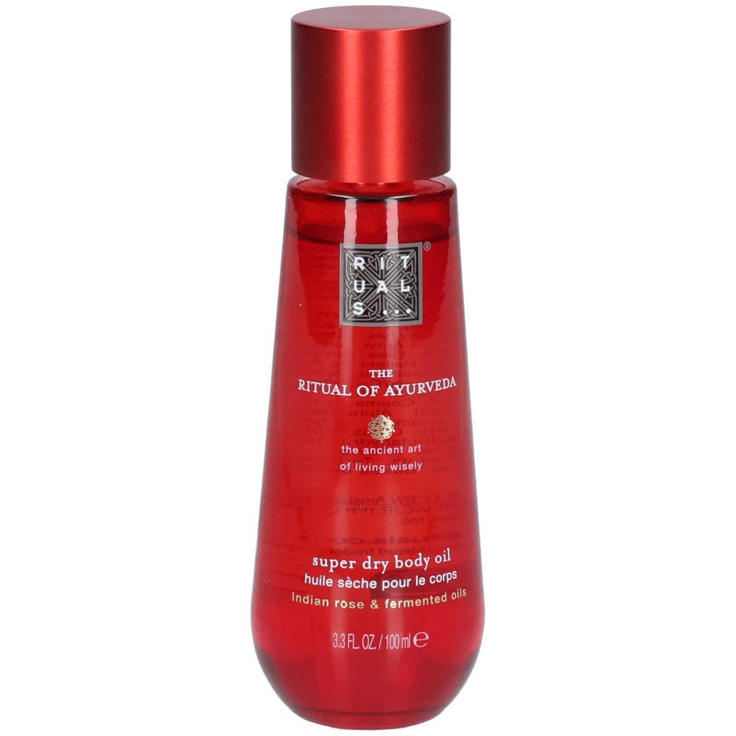 Rote Flasche mit rotem Verschluss, RITUALS The Ritual of Ayurveda Super Dry Body Oil.