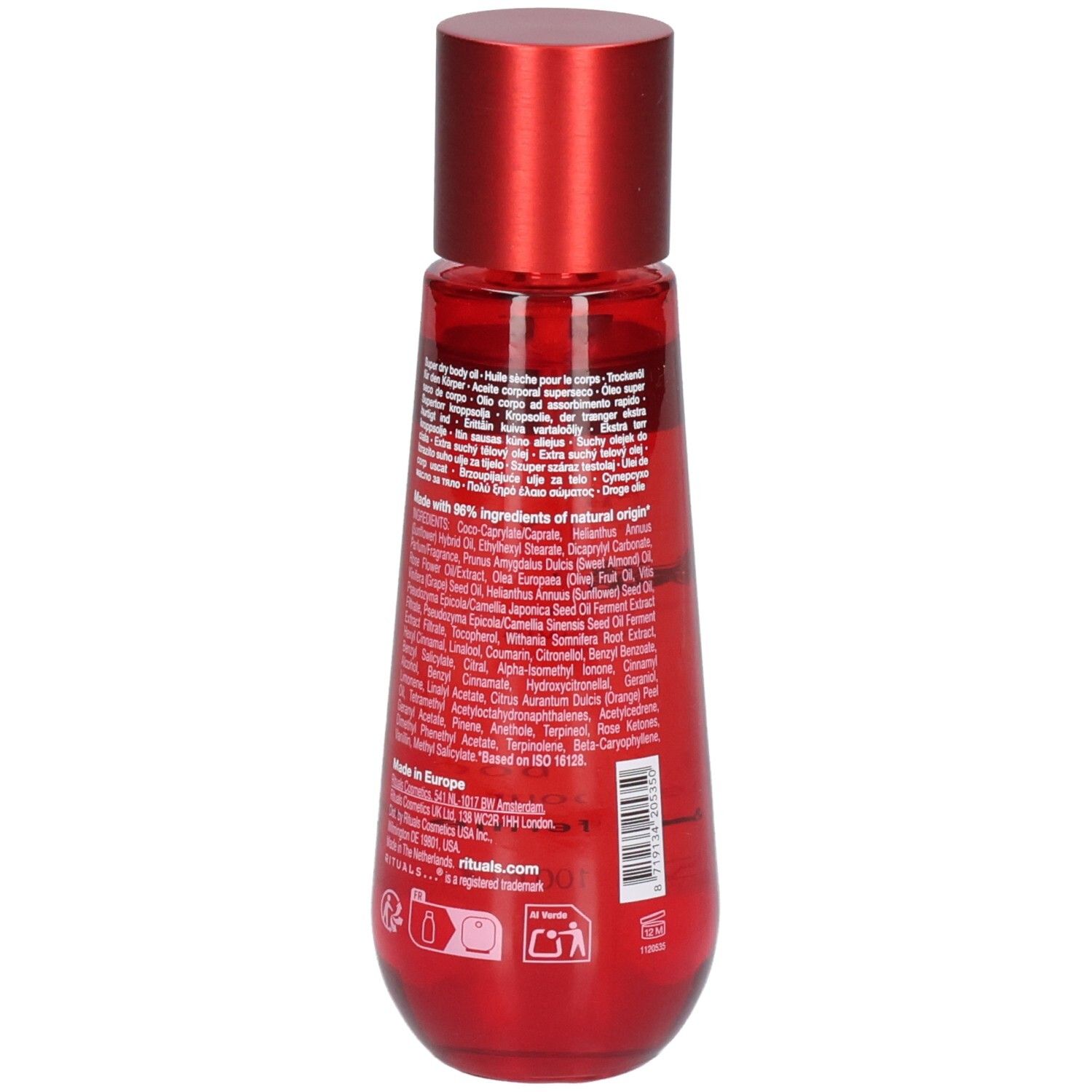 Rote Flasche mit rotem Verschluss, Rückseite mit Inhaltsstoffen und Barcode. RITUALS The Ritual of Ayurveda Super Dry Body Oil.