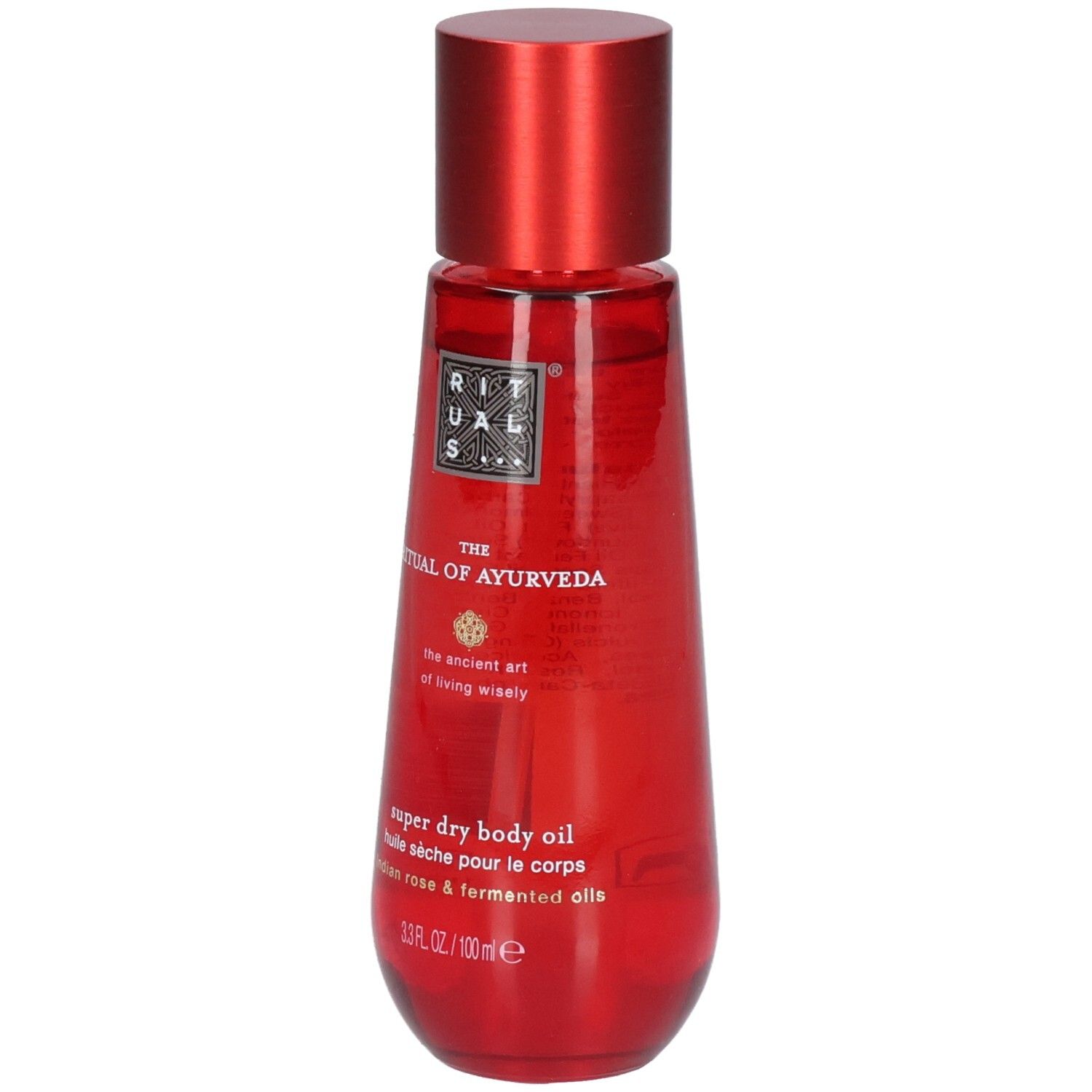 Rote Flasche mit rotem Verschluss, RITUALS The Ritual of Ayurveda Super Dry Body Oil.