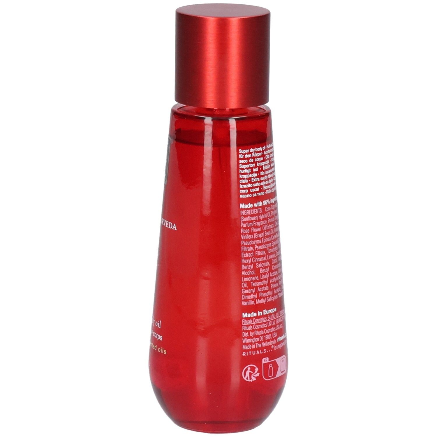 Rote Flasche mit rotem Verschluss, Rückseite mit Inhaltsstoffen und Barcode. RITUALS The Ritual of Ayurveda Super Dry Body Oil.