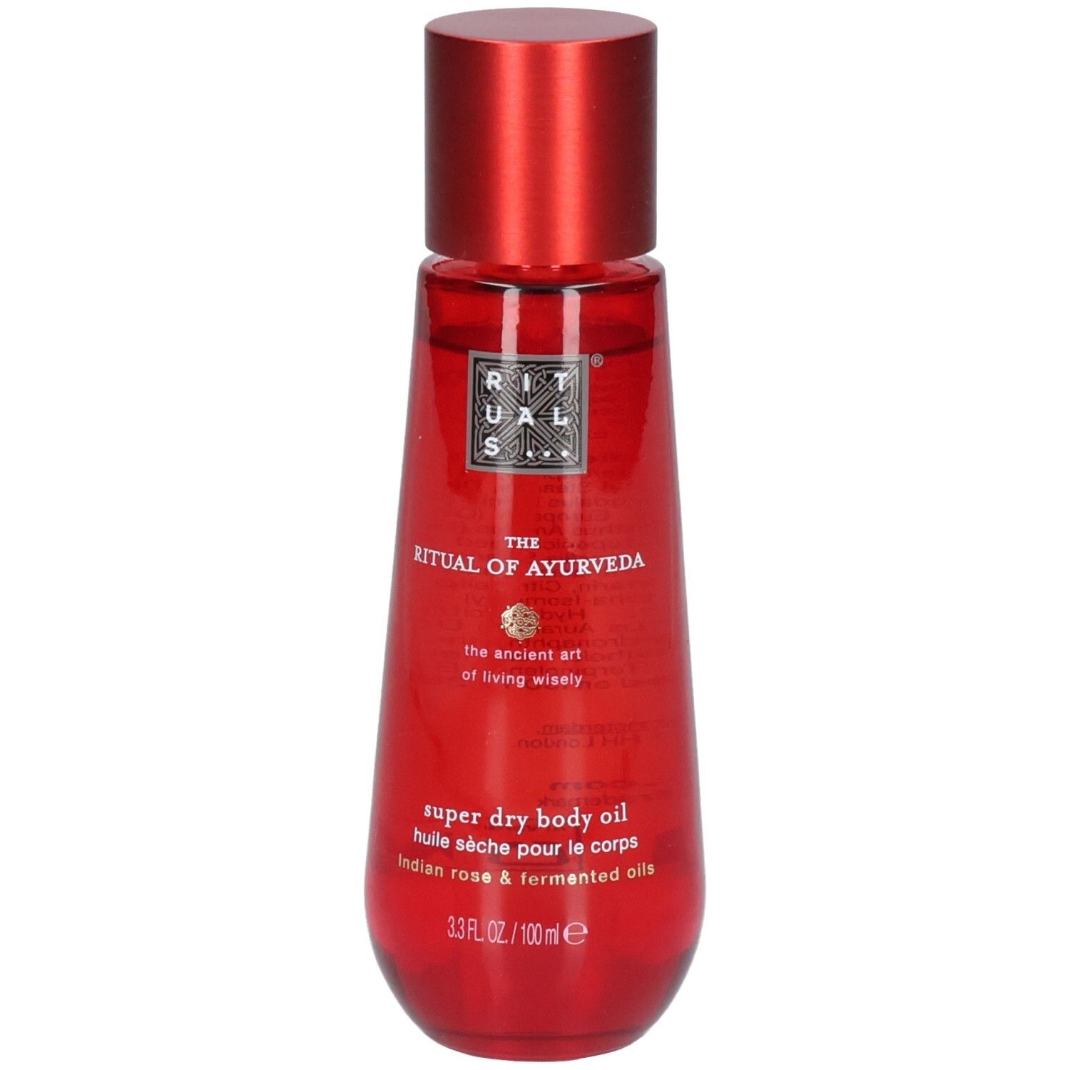Rote Flasche mit rotem Verschluss, RITUALS The Ritual of Ayurveda Super Dry Body Oil.
