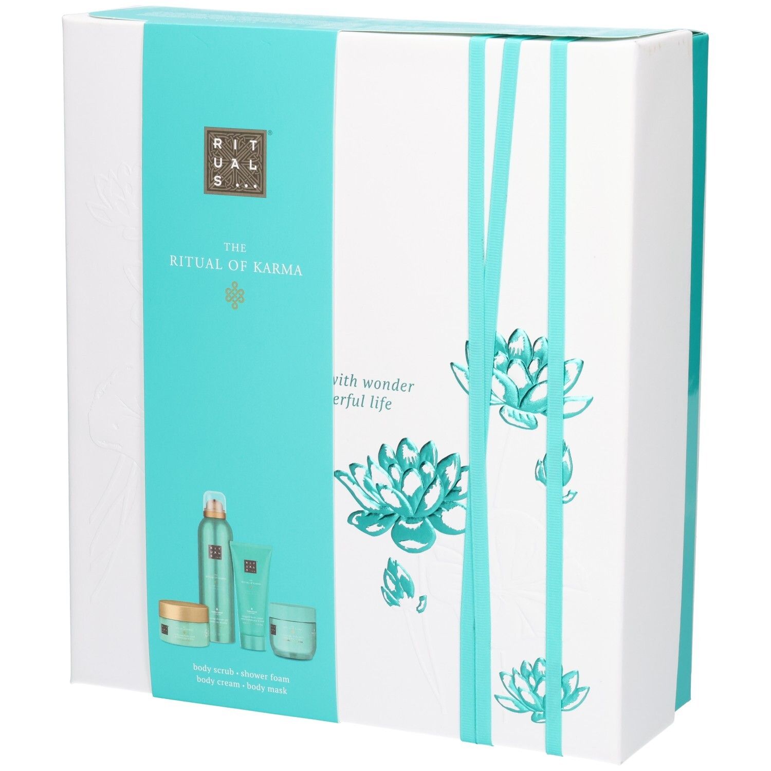 Coffret cadeau RITUALS The Ritual of Karma avec quatre produits de soins corporels et motif de lotus.