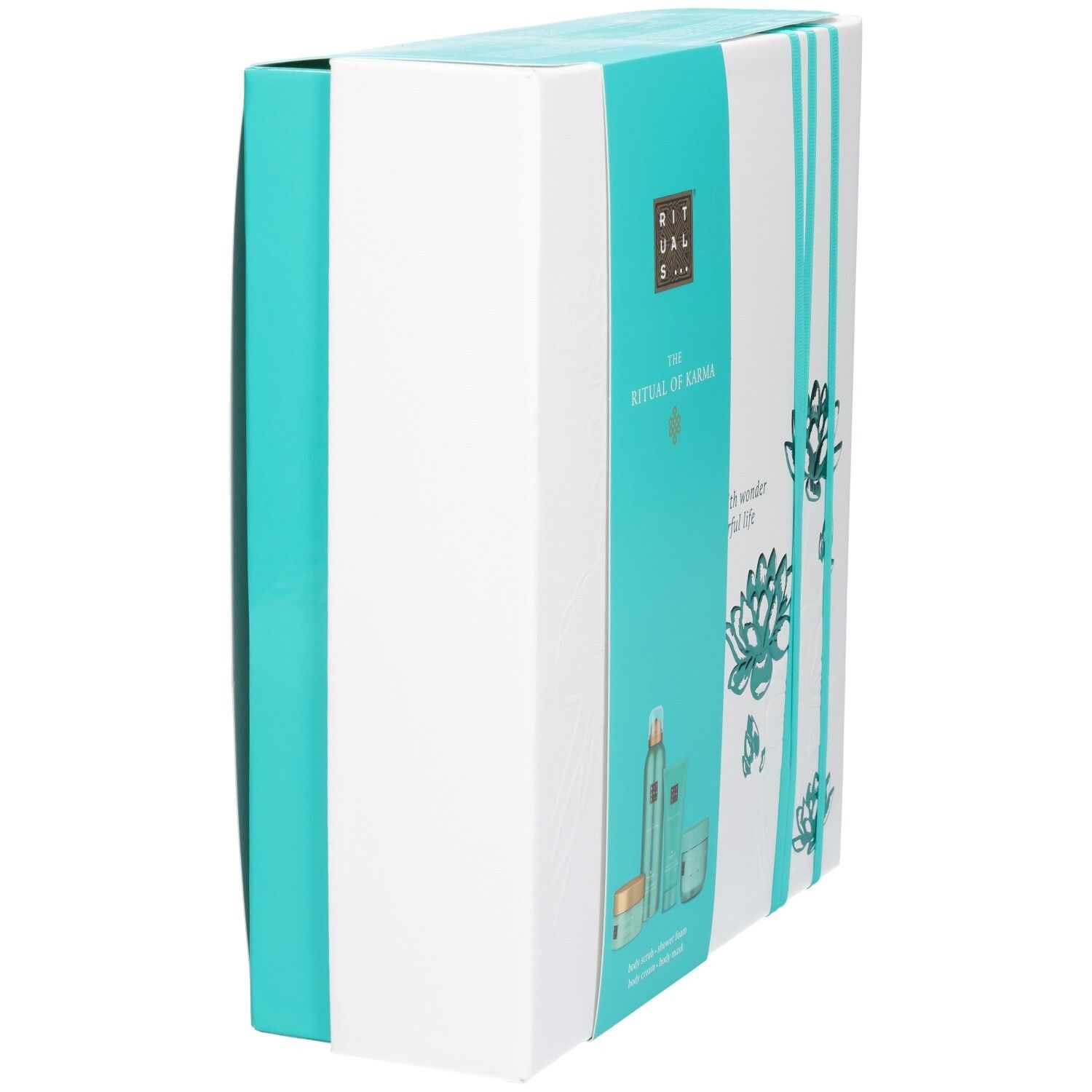 Coffret cadeau RITUALS The Ritual of Karma, vue latérale avec ruban turquoise et fleurs de lotus.