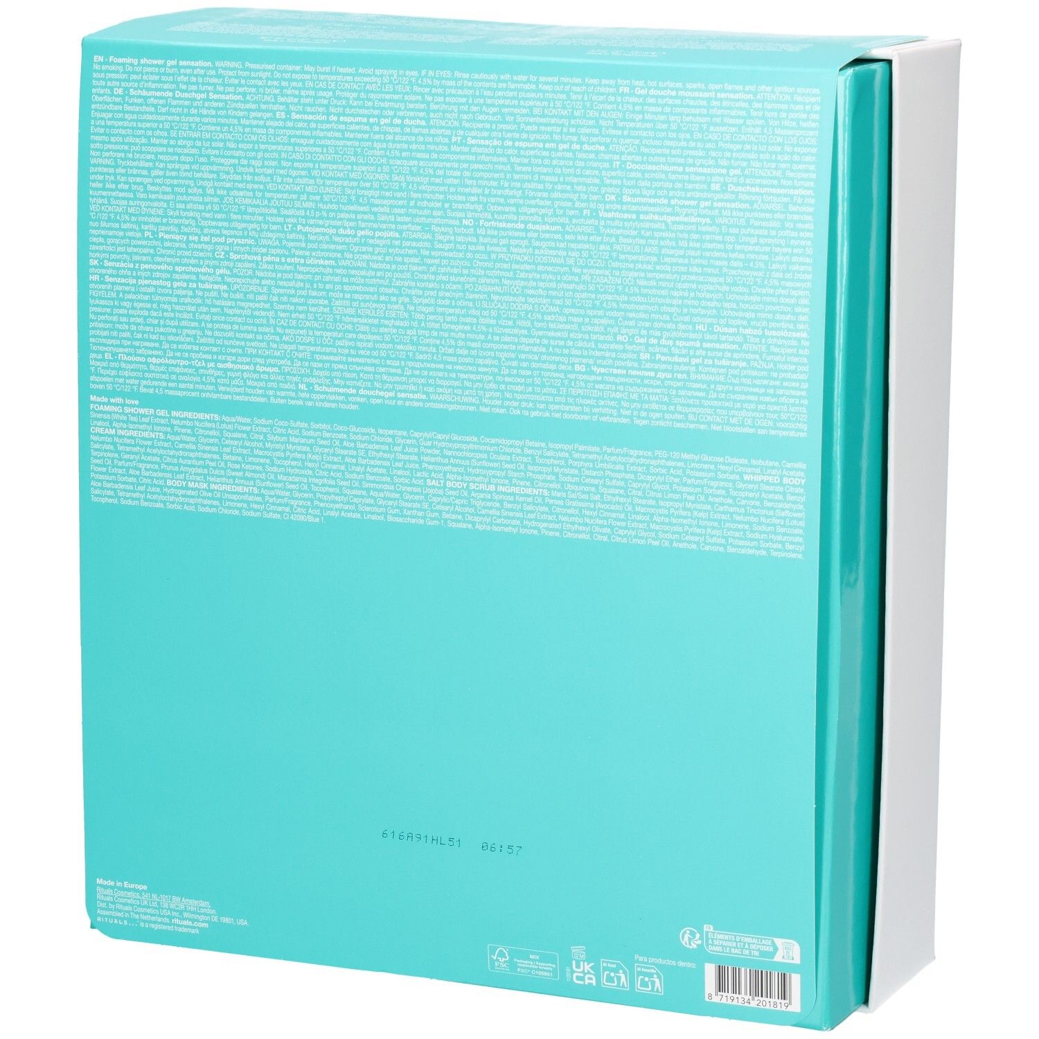 Arrière du coffret cadeau RITUALS The Ritual of Karma avec informations détaillées sur le produit.