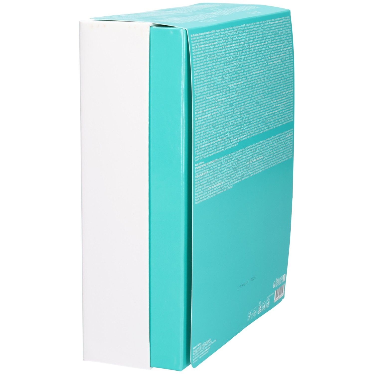 Coffret cadeau RITUALS The Ritual of Karma, vue latérale avec ruban turquoise.
