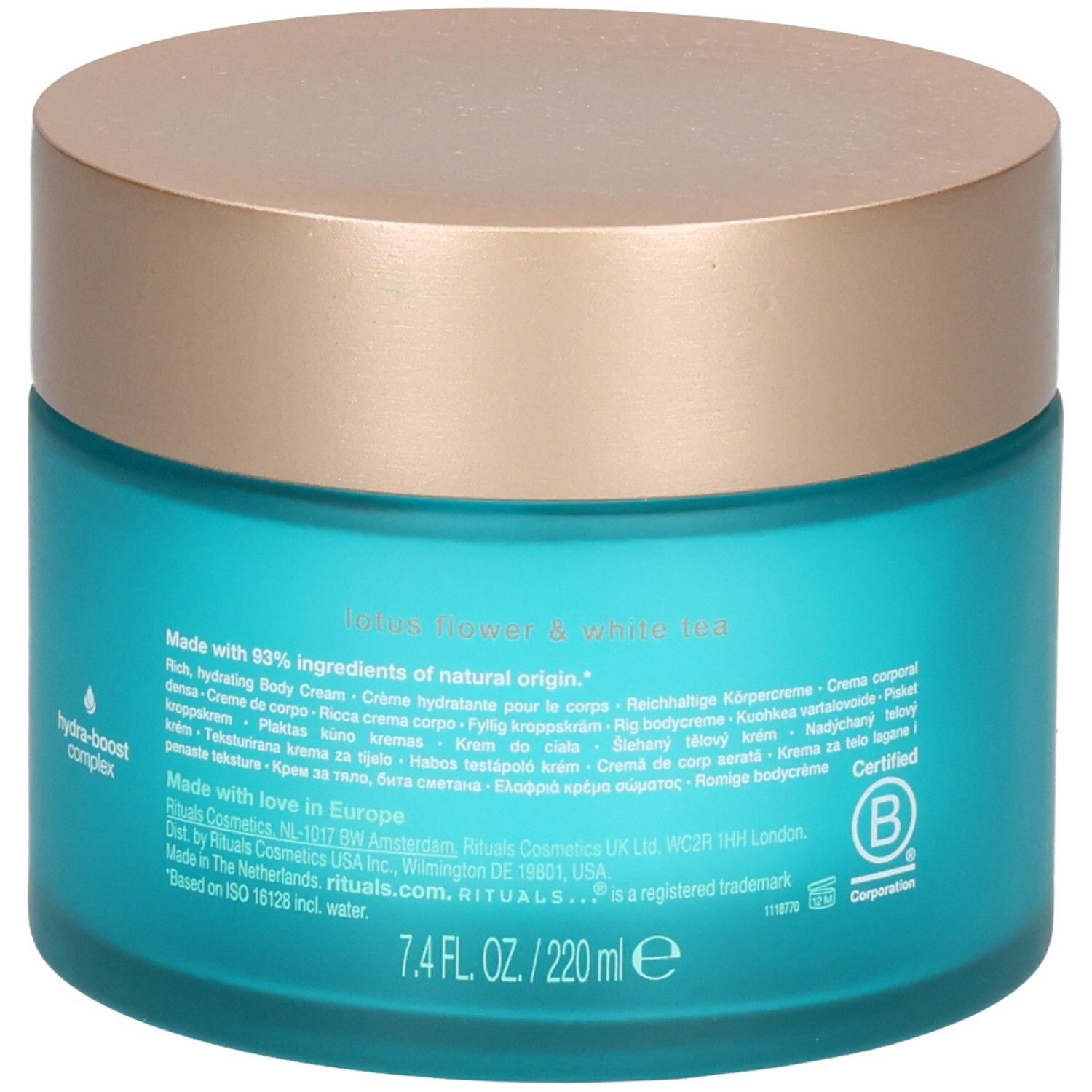 RITUALS The Ritual of Karma Crème Corps, arrière du pot en verre bleu avec informations produit et certifications.