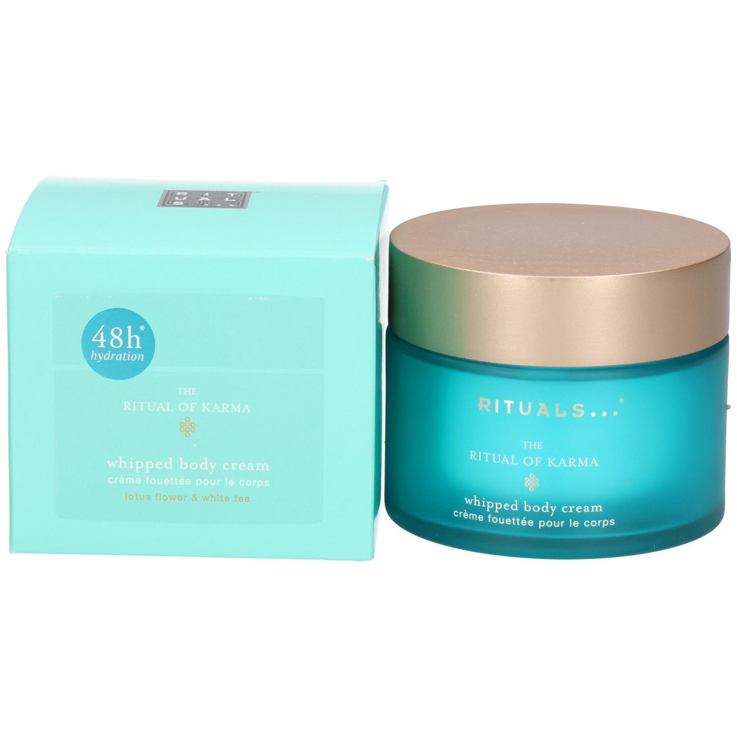 RITUALS The Ritual of Karma Crème Corps à côté de sa boîte d'emballage vert menthe avec symbole 48h Hydration.