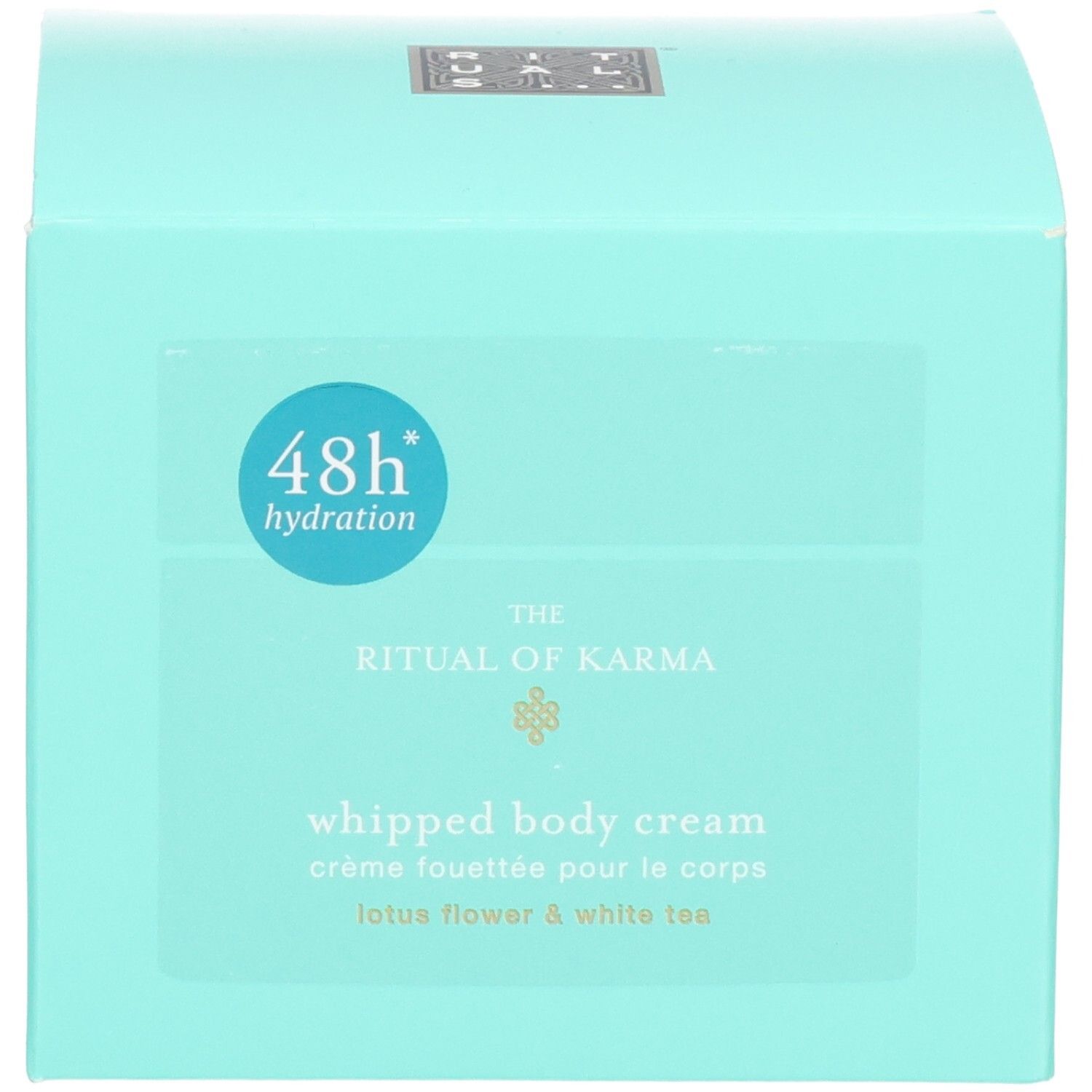 Boîte d'emballage vert menthe pour RITUALS The Ritual of Karma Crème Corps Fouettée avec symbole 48h Hydration.