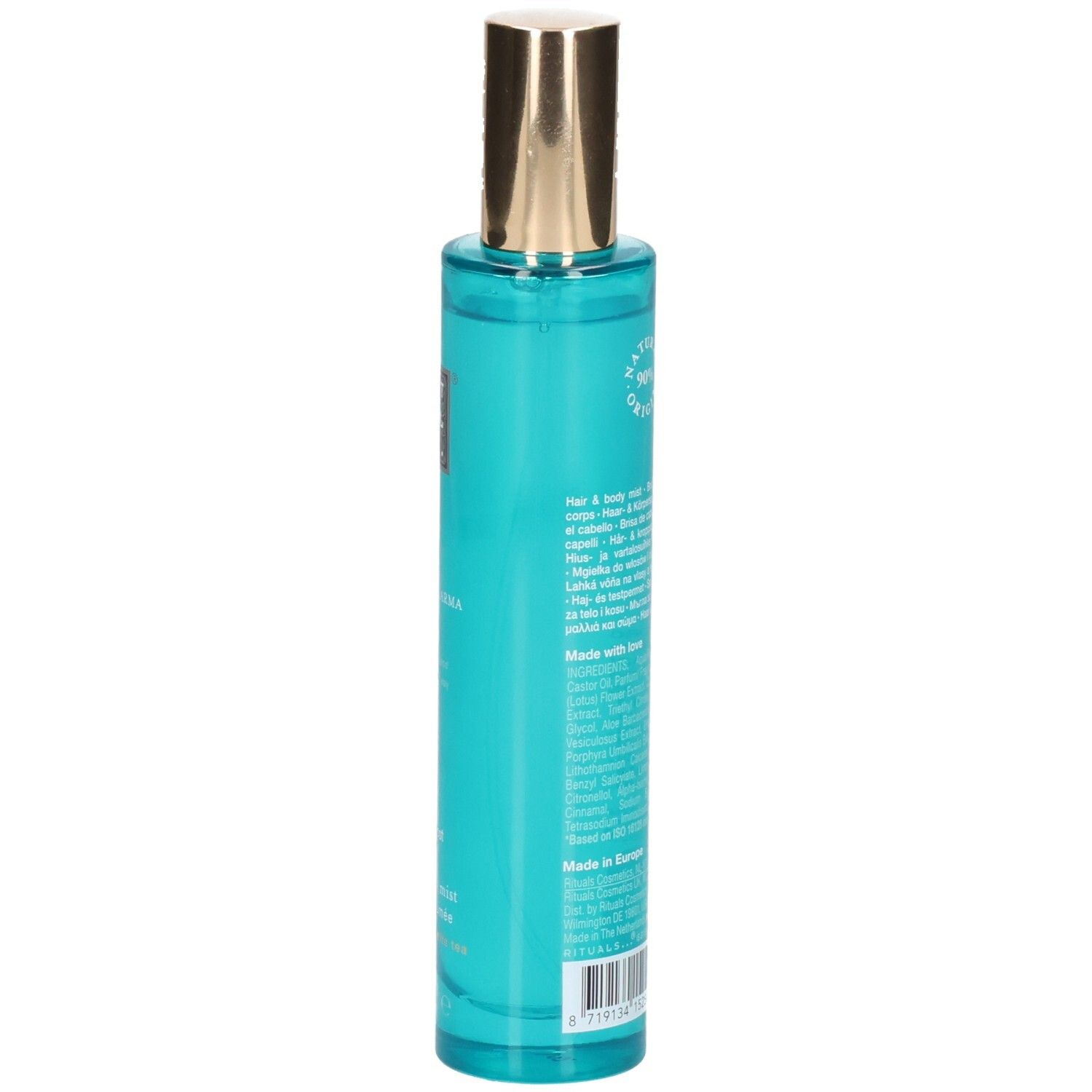 Rückseite des RITUALS The Ritual of Karma Haar- & Körpernebels mit Inhaltsstoffen und Zertifizierungen.