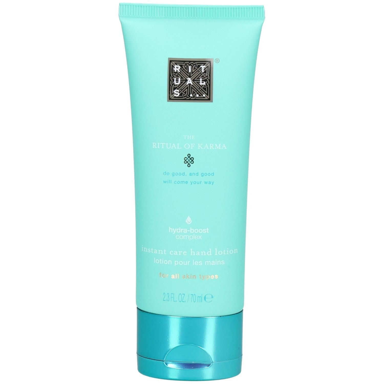 Türkise Tube mit RITUALS The Ritual of Karma Hand Lotion Schriftzug und Hydra-Boost Complex.