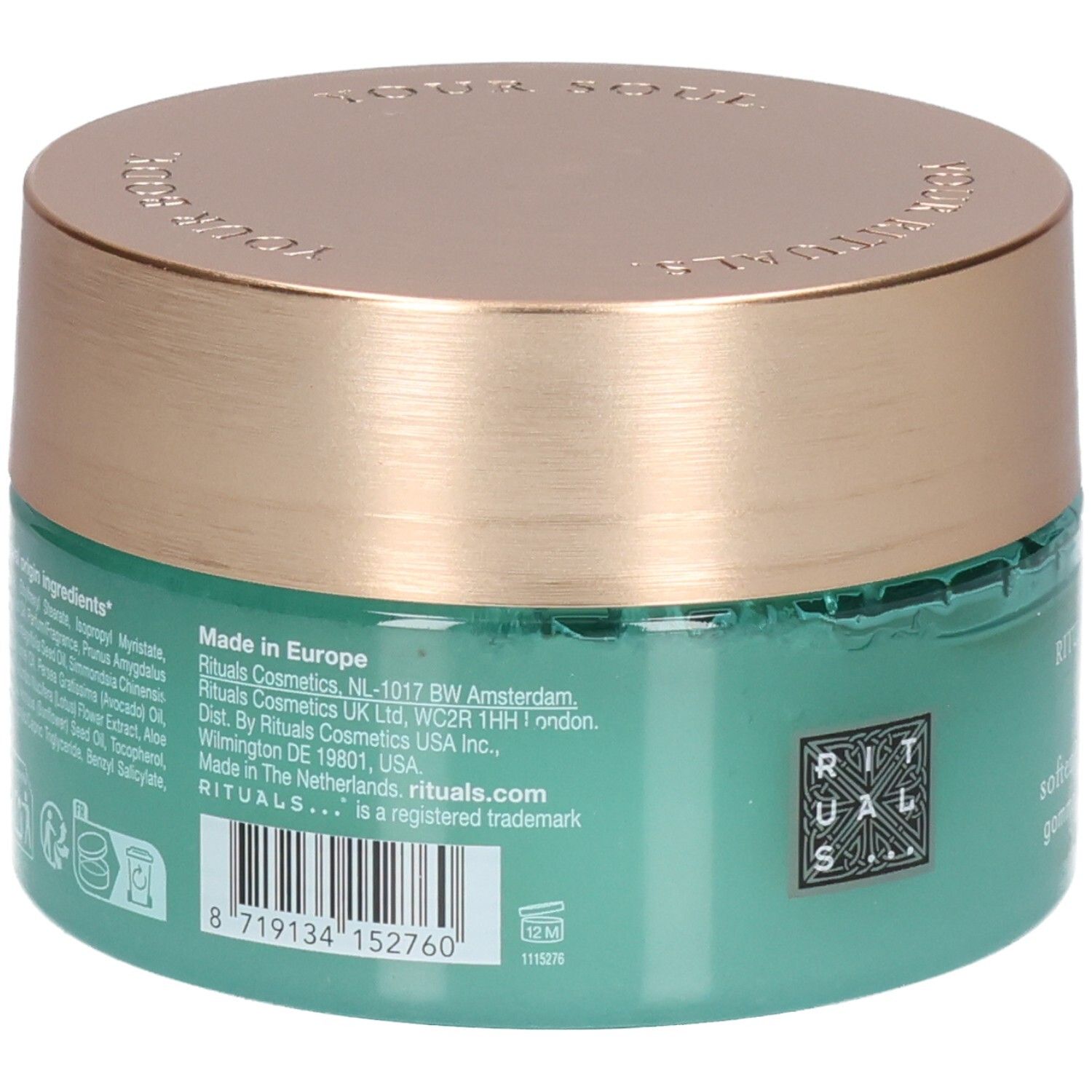 Rückseite des RITUALS The Ritual of Karma Körperpeelings mit Herstellungsangaben und Barcode.