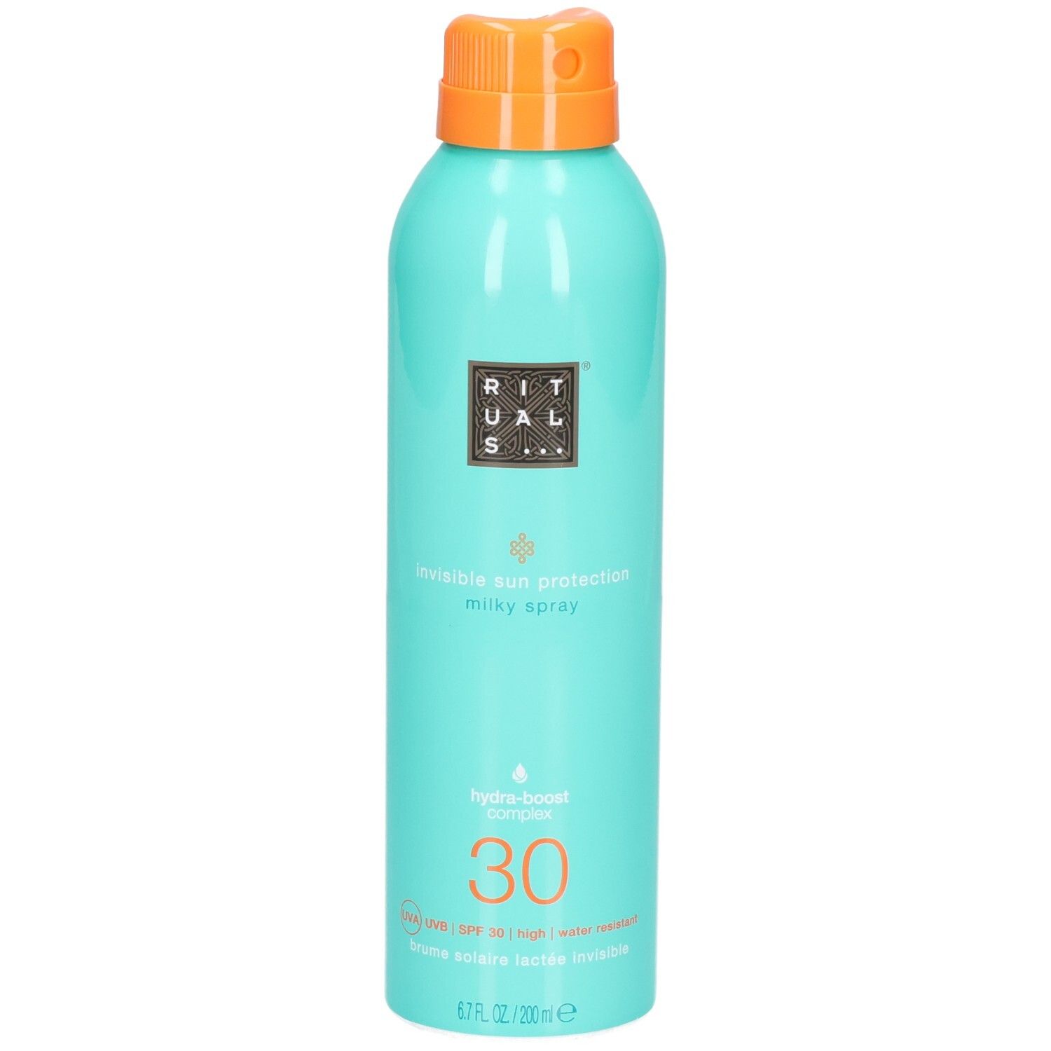 Türkisfarbene Sprühflasche mit Sonnenschutzmilch LSF 30 und orangefarbenem Verschluss.