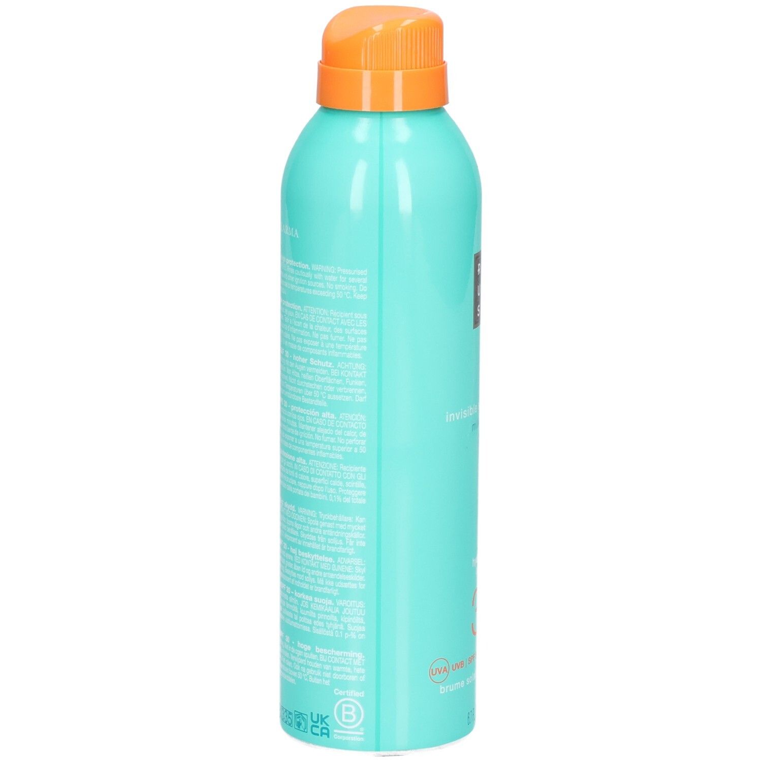 Rückseite einer türkisfarbenen Sprühflasche mit Sonnenschutzmilch LSF 30, mit Text.