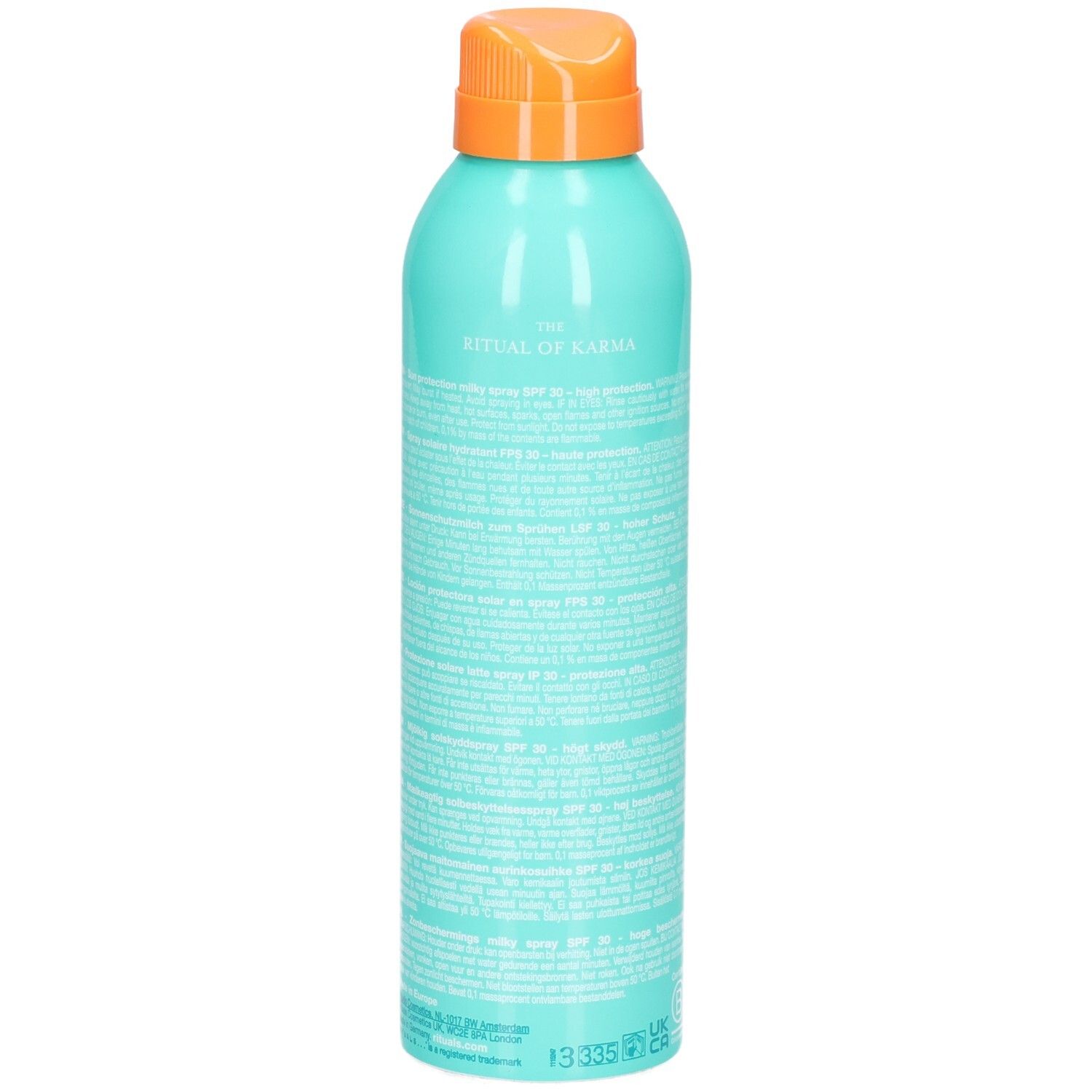 Rückseite einer türkisfarbenen Sprühflasche mit Sonnenschutzmilch LSF 30, mit Text.
