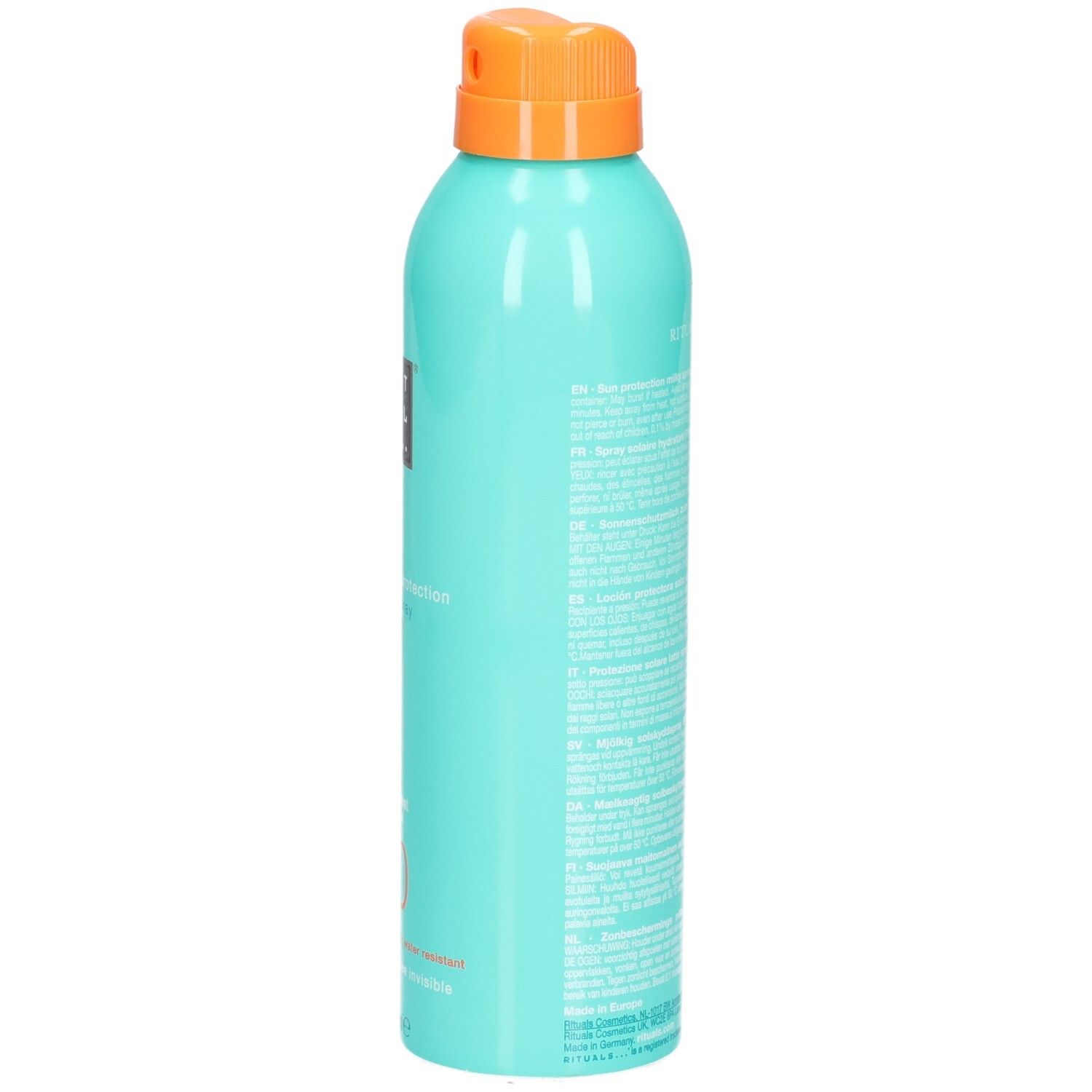Türkisfarbene Sprühflasche mit Sonnenschutzmilch LSF 30 und orangefarbenem Verschluss.
