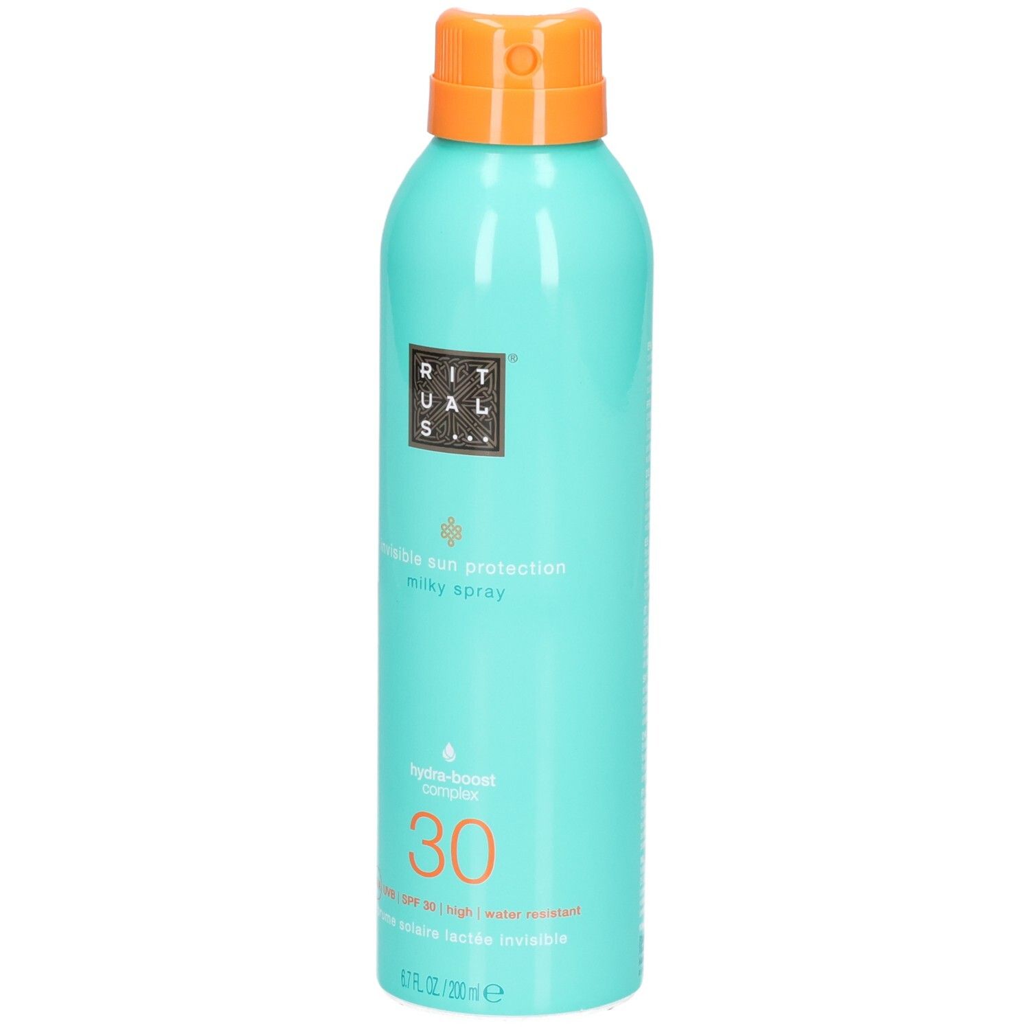 Türkisfarbene Sprühflasche mit Sonnenschutzmilch LSF 30 und orangefarbenem Verschluss.