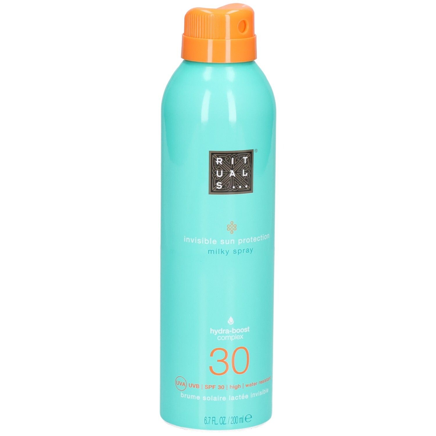 Türkisfarbene Sprühflasche mit Sonnenschutzmilch LSF 30 und orangefarbenem Verschluss.