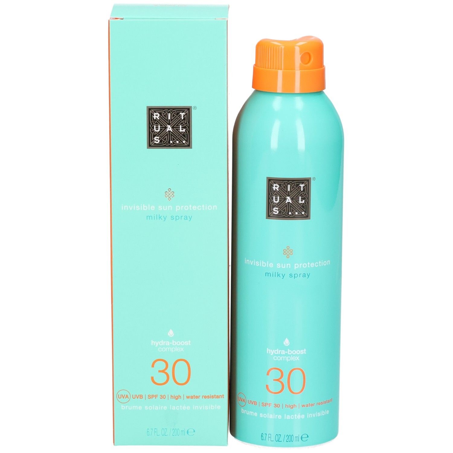 Türkisfarbene Sprühflasche mit Sonnenschutzmilch LSF 30 und orangefarbenem Verschluss, neben der Verpackung.