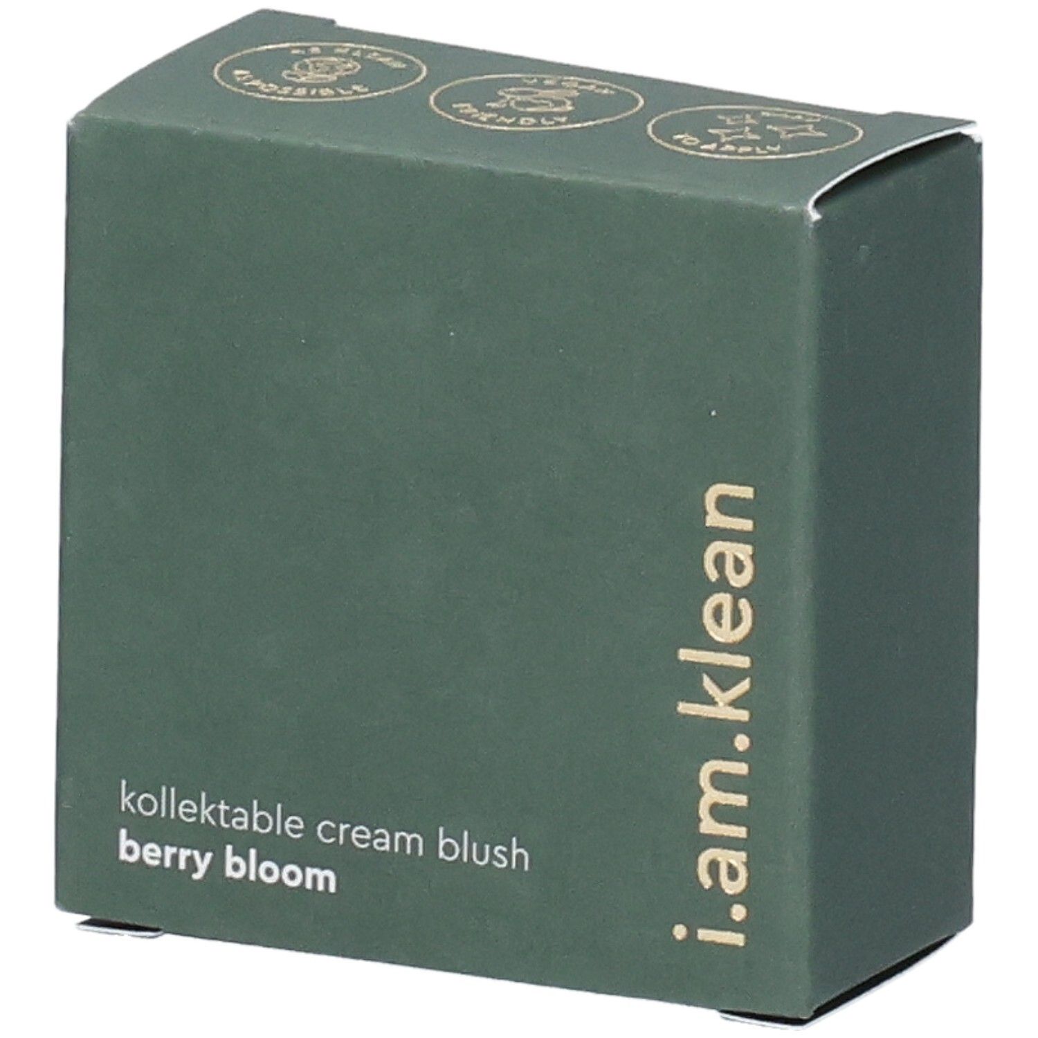 Grüne Kartonverpackung. Aufschrift: i.am.klean, kollektable cream blush berry bloom. Oben: Logos.