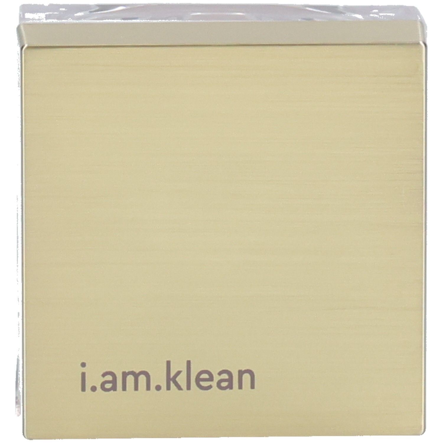Quadratische, goldfarbene Dose mit dem Schriftzug i.am.klean. Oben transparente Abdeckung.