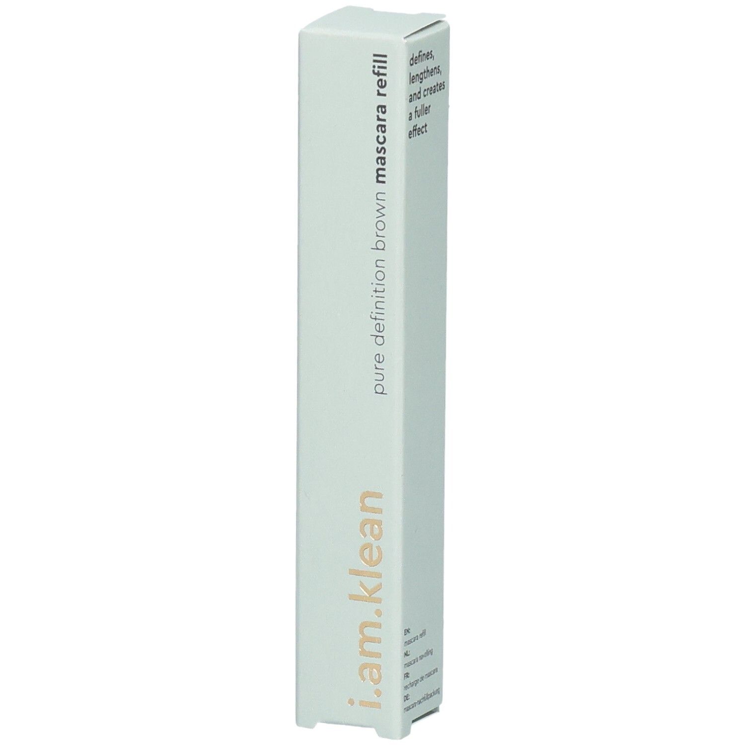 i.am.klean Mascara Refill-Verpackung. Weiß-grüne Verpackung mit Produktbezeichnung und Logo.