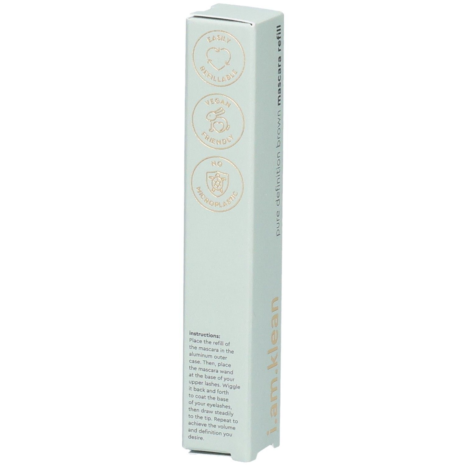 i.am.klean Mascara Refill-Verpackung. Vegan, tierversuchsfrei, ohne Plastik. Anweisungen.