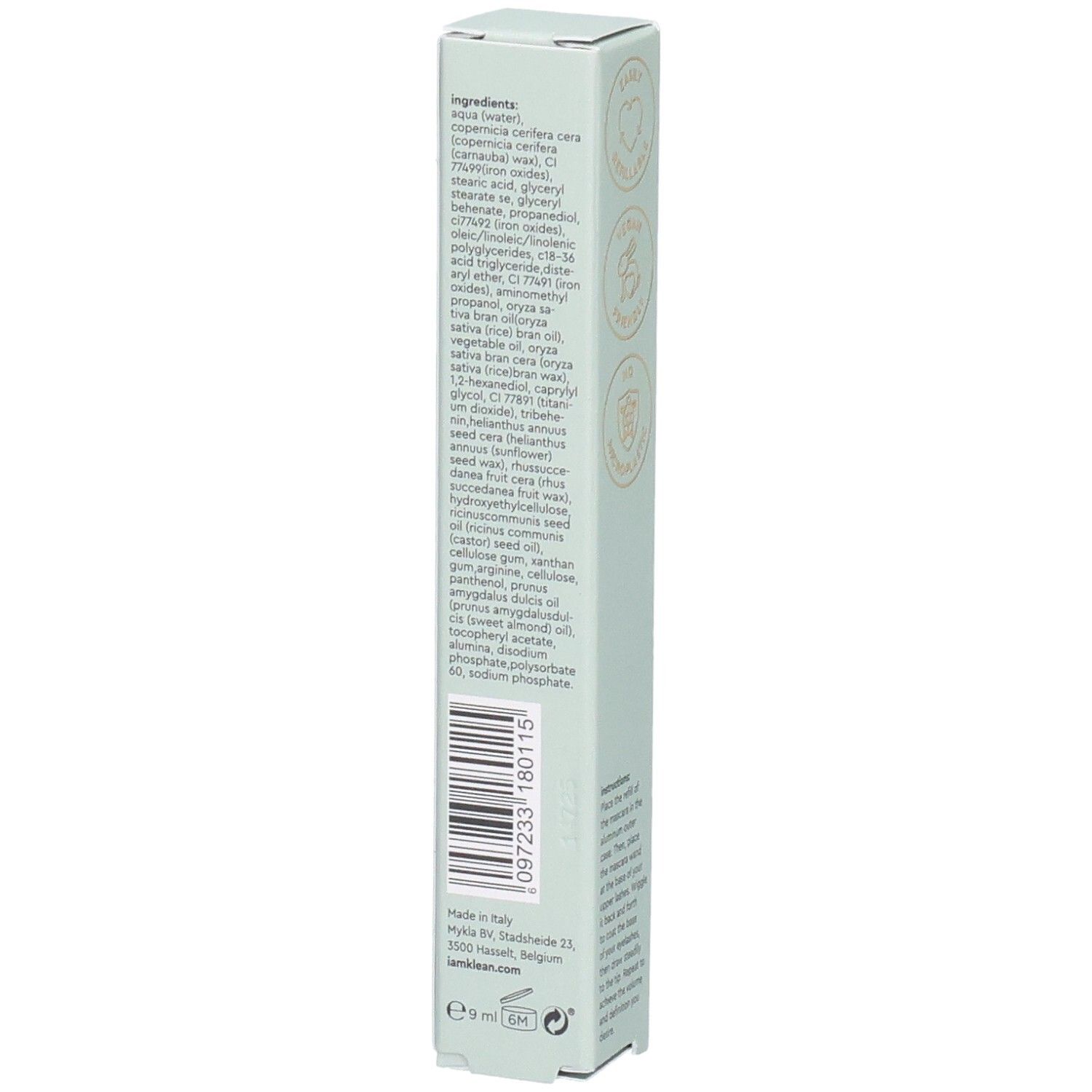 i.am.klean Mascara Refill-Verpackung. Inhaltsstoffe auf der Rückseite. Hergestellt in Italien.