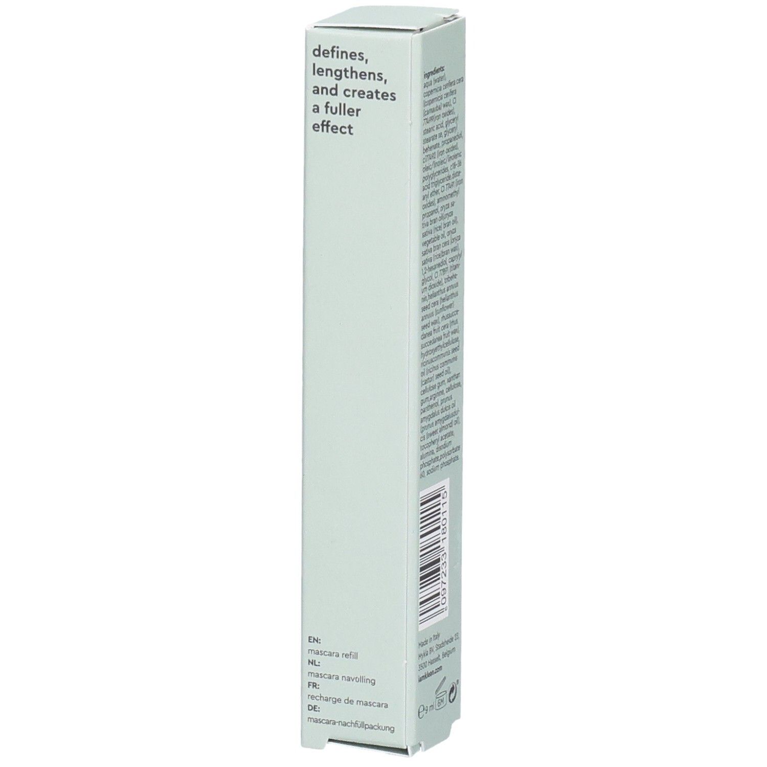 i.am.klean Mascara Refill-Verpackung. Text: definiert, verlängert, voller Effekt. Mehrsprachig.