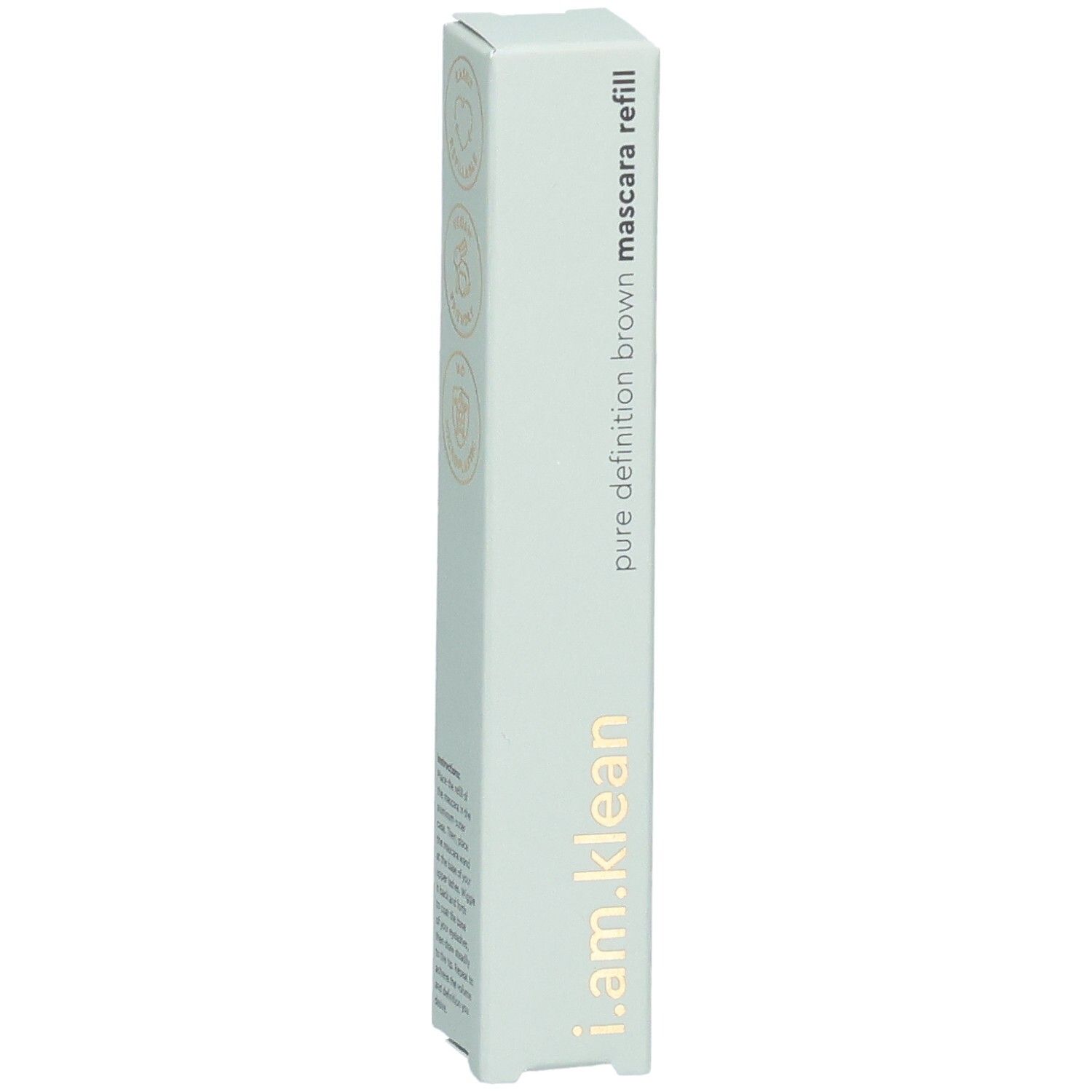 i.am.klean Mascara Refill-Verpackung. Weiß-grüne Verpackung mit Produktbezeichnung und Logo.