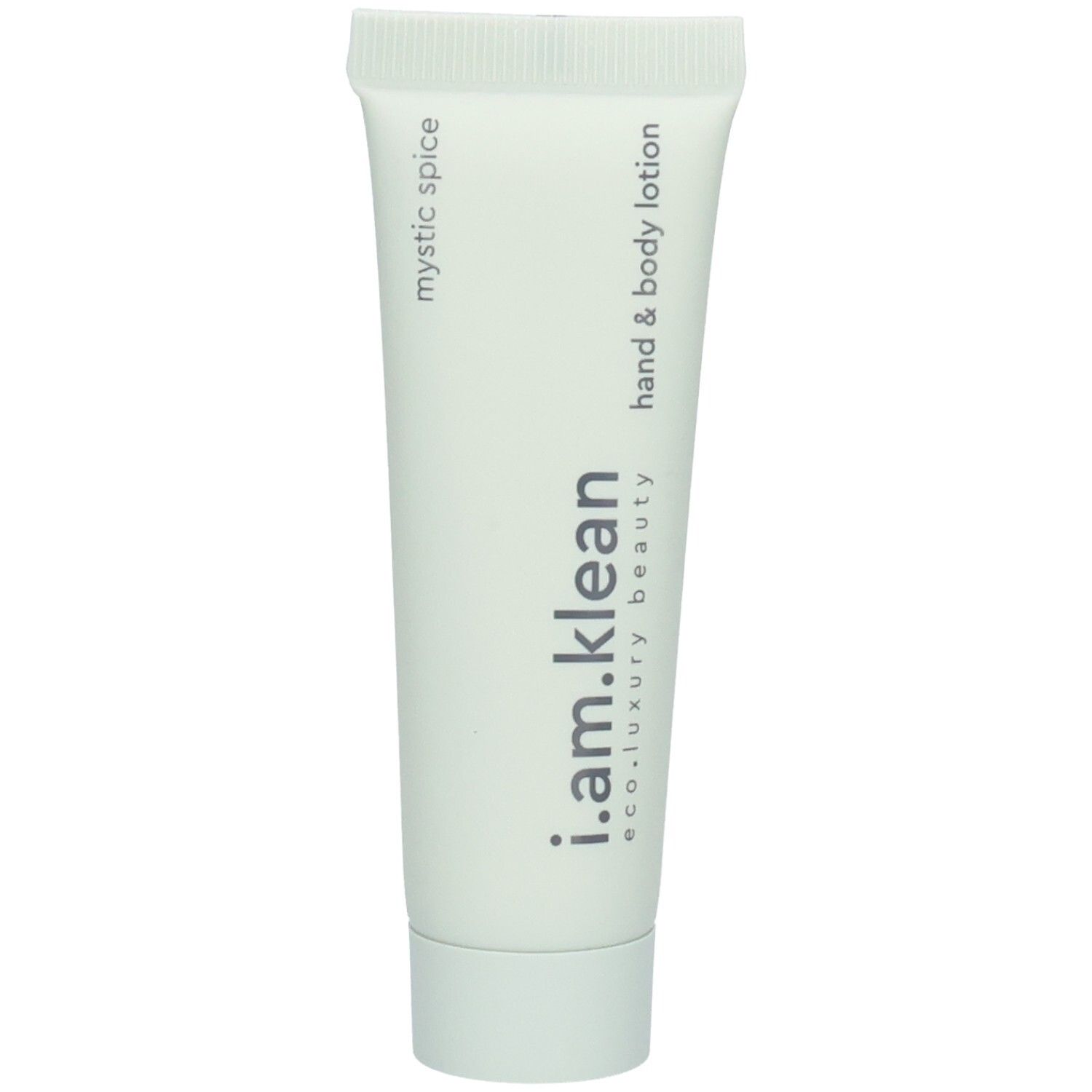 Kleine, helle Tube. Aufschrift: i.am.klean, Mystic Spice, Hand & Body Lotion. Vertikale Ansicht.