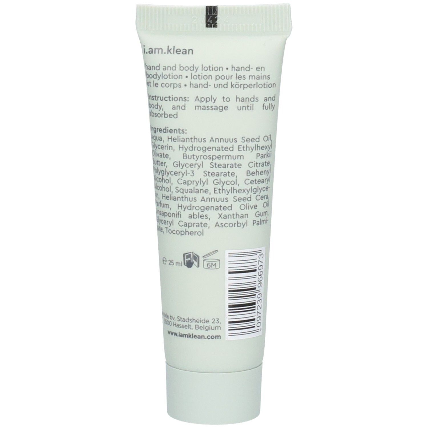 Rückseite der Tube. Text: Hand & Body Lotion, Inhaltsstoffe, 25 ml. Mit Produktions- und Haltbarkeitsangaben.