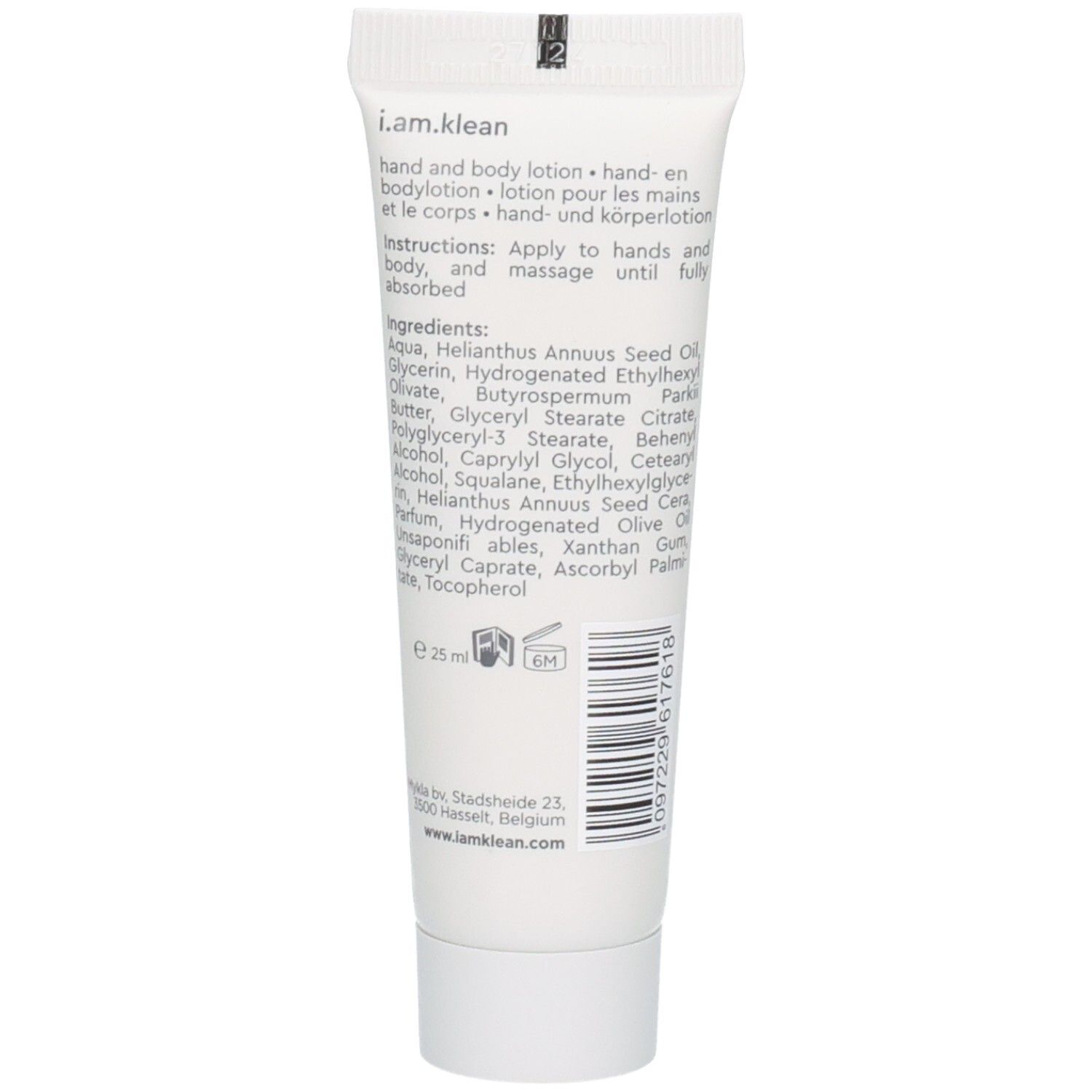 Dos du petit tube blanc. Texte: i.am.klean, Hand & Body Lotion, ingrédients, 25 ml.