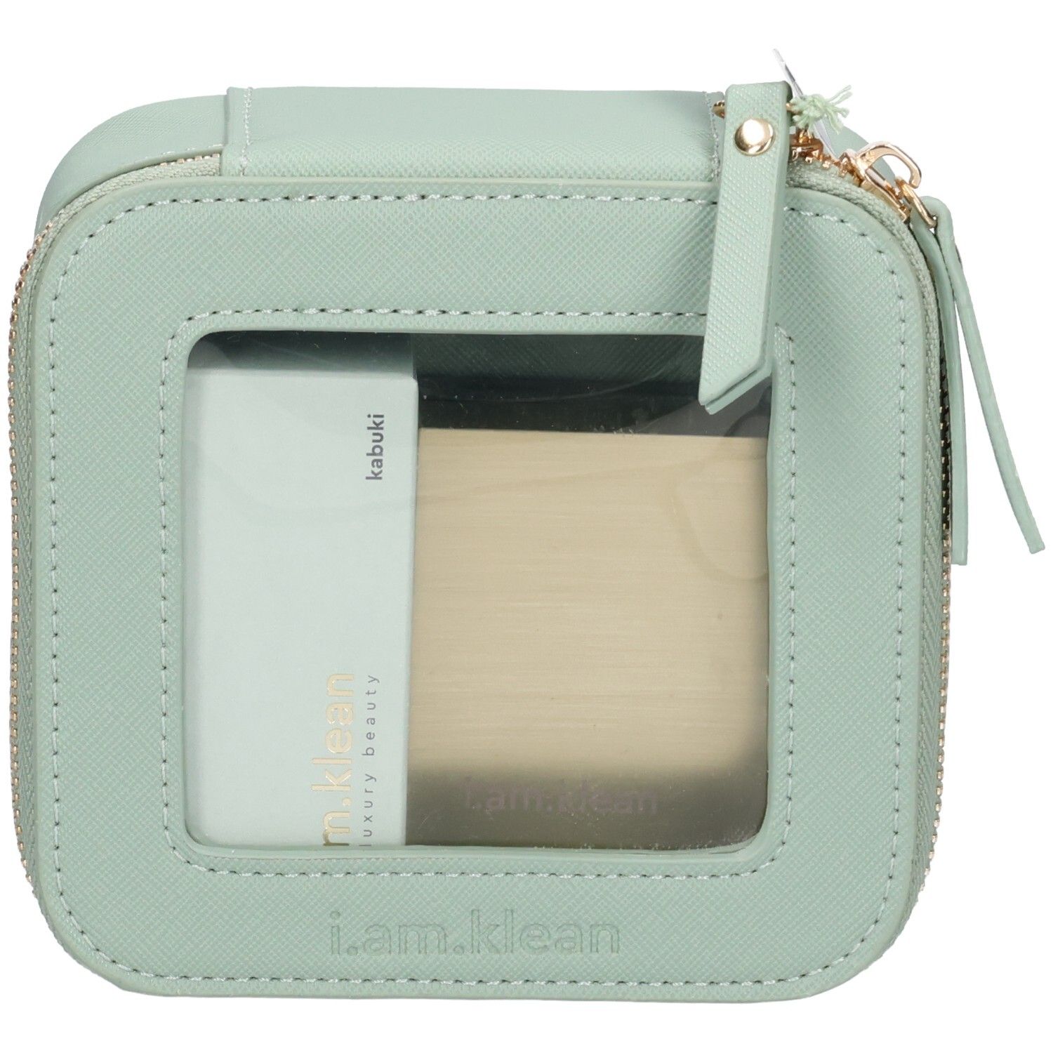 Hellgrüne Kosmetiktasche mit Reißverschluss und Sichtfenster. Innen: Puder und Pinsel. Aufschrift: i.am.klean, kabuki.