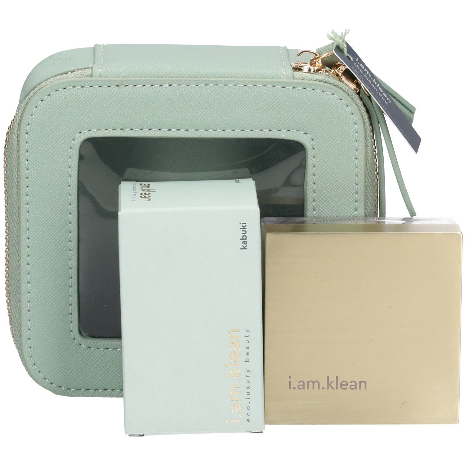 Hellgrüne Kosmetiktasche mit Reißverschluss und Sichtfenster. Daneben: Puder und Verpackung mit Aufschrift: i.am.klean, kabuki.