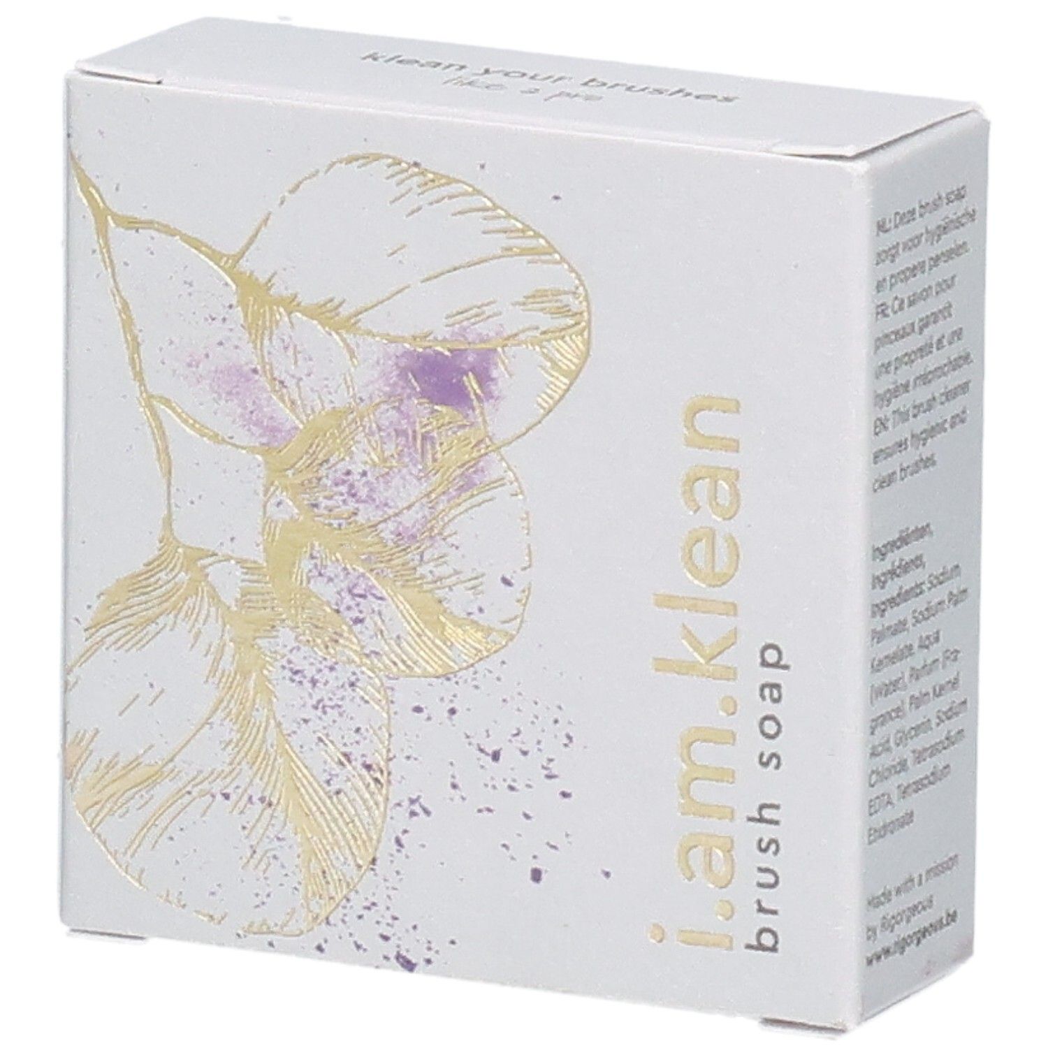 Kartonverpackung mit floralem Design und Produktnamen i.am.klean Brush Soap. Enthält Inhaltsstoffe und Text in mehreren Sprachen.