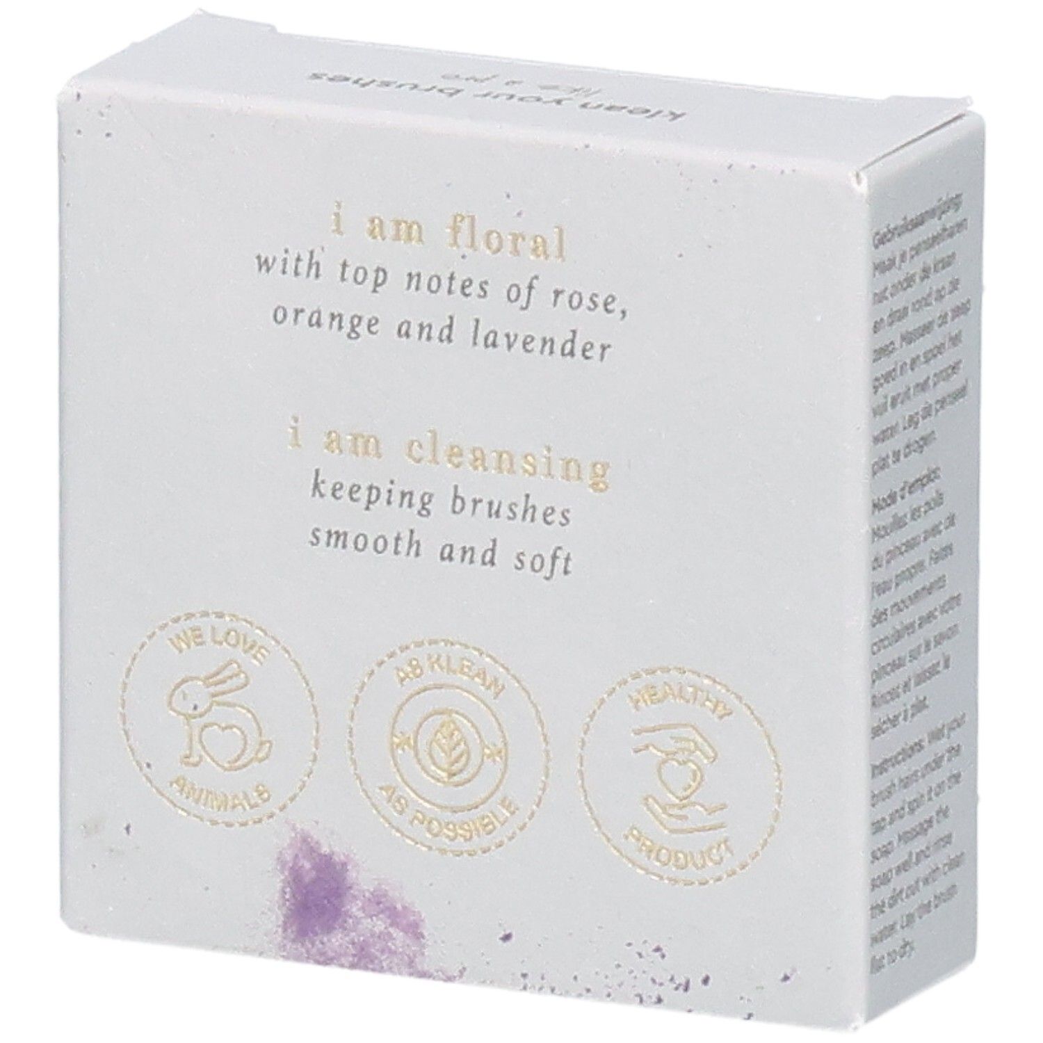 Kartonverpackung mit floralem Design und Text: i am floral, i am cleansing. Logos: We love animals, AB klean, Healthy product.