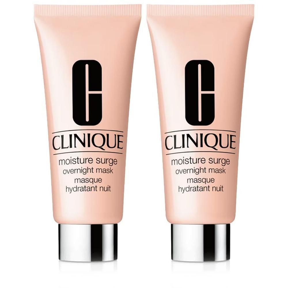 Deux tubes de masque hydratant nuit Clinique Moisture Surge avec bouchon argenté.