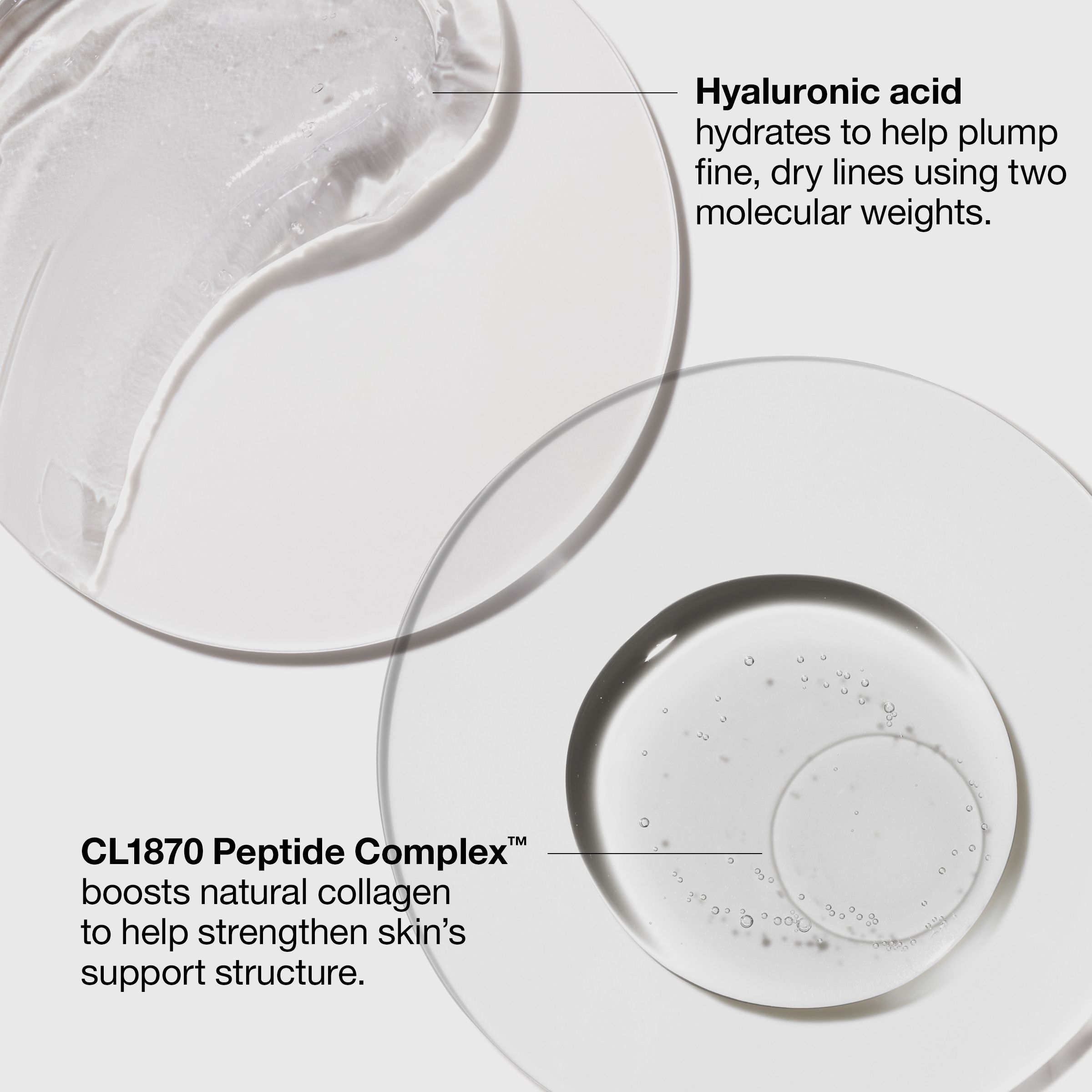 Acide hyaluronique et complexe peptidique sous forme liquide.