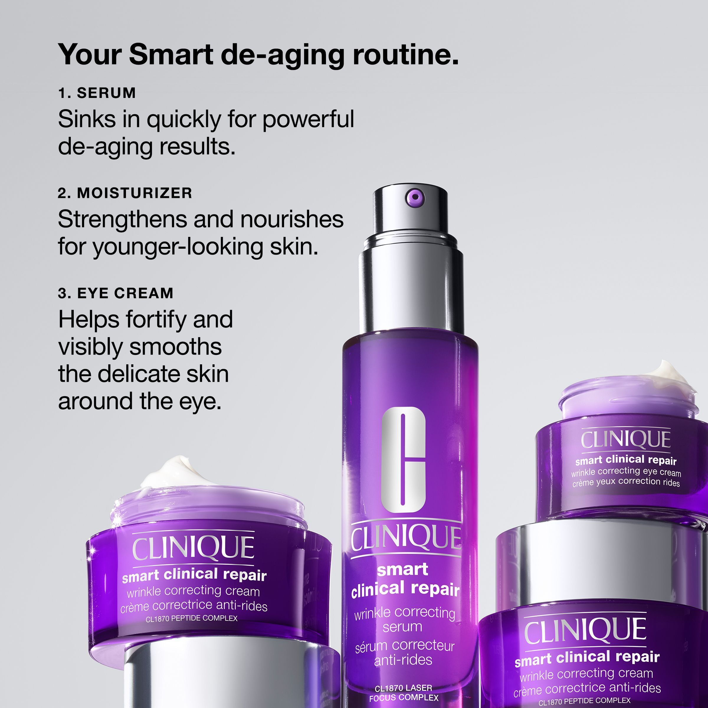 Une sélection de produits Clinique Smart Clinical Repair™, y compris des pots et un sérum.