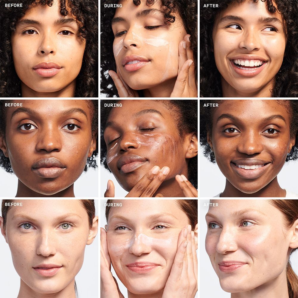 Vorher-Nachher-Vergleich von drei Frauen, die Clinique Moisture Surge SPF 25 verwenden.