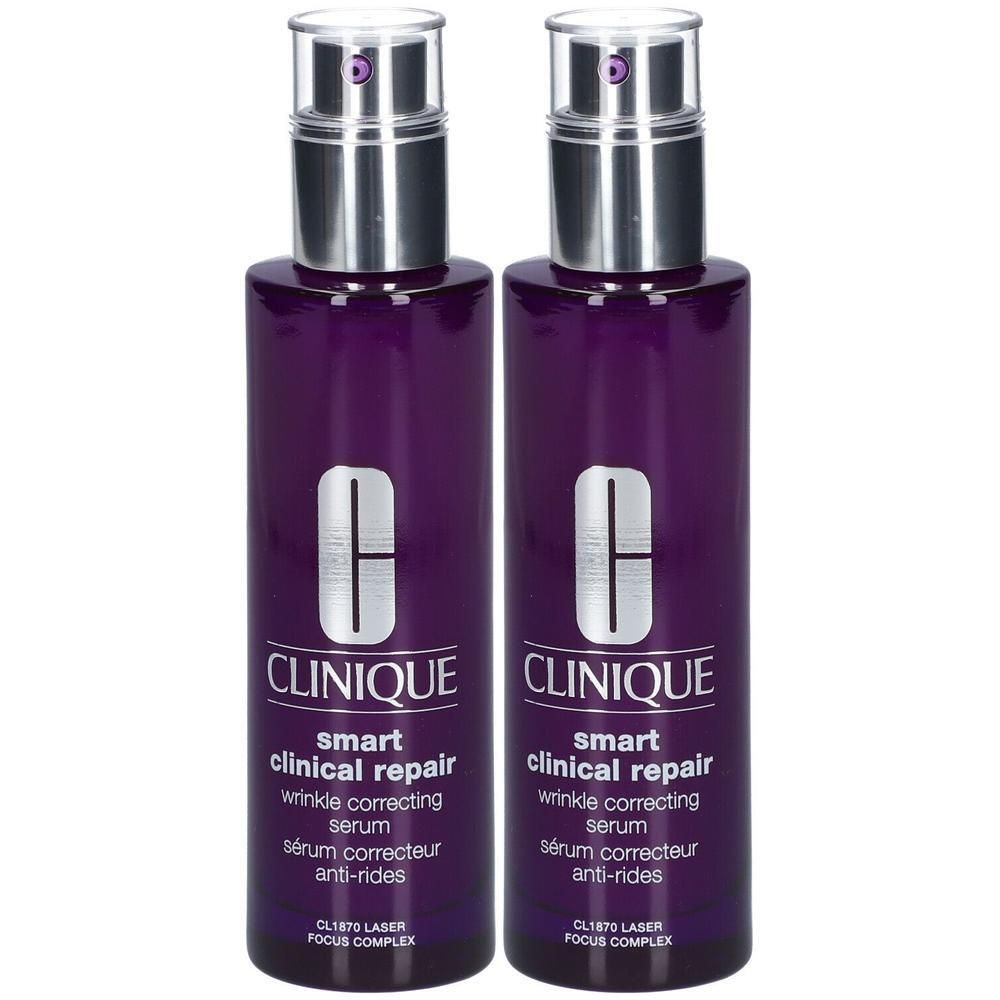Deux flacons de sérum correcteur de rides Clinique Smart Clinical Repair violets avec embouts pompe argentés.