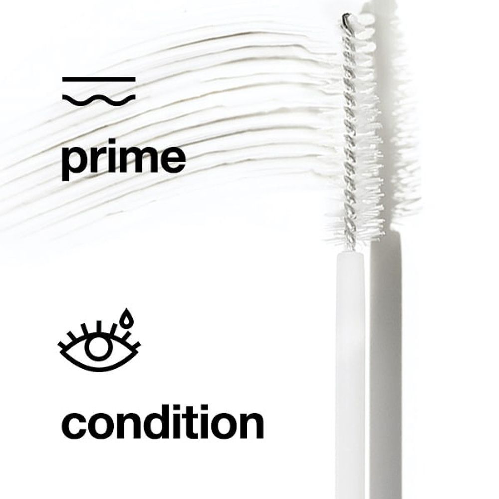 Clinique Lash Building Primer: Textur und Applikator. Symbole für 'prime' und 'condition'.