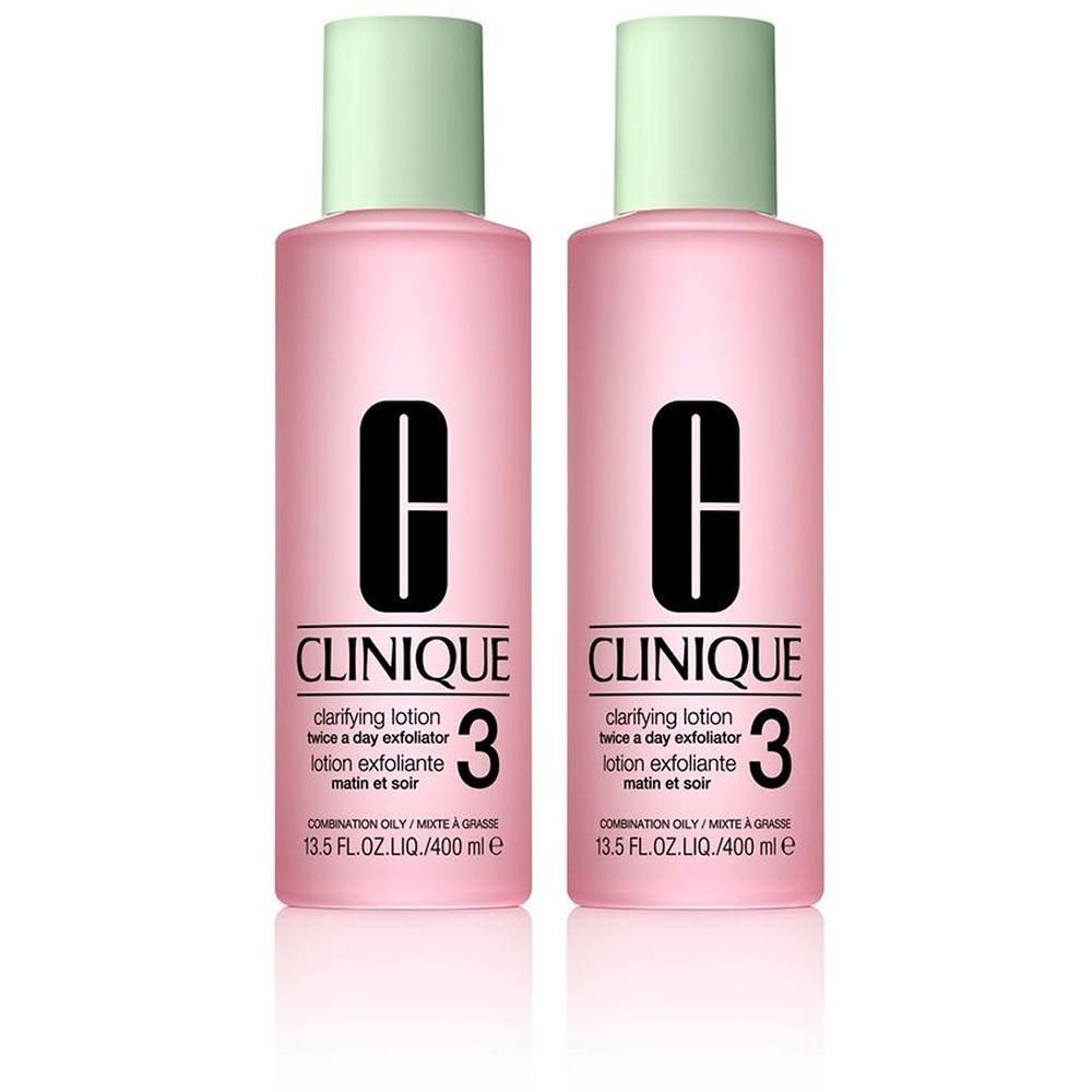 Deux flacons Clinique Clarifying Lotion 3, 400ml, pour peaux mixtes à grasses.
