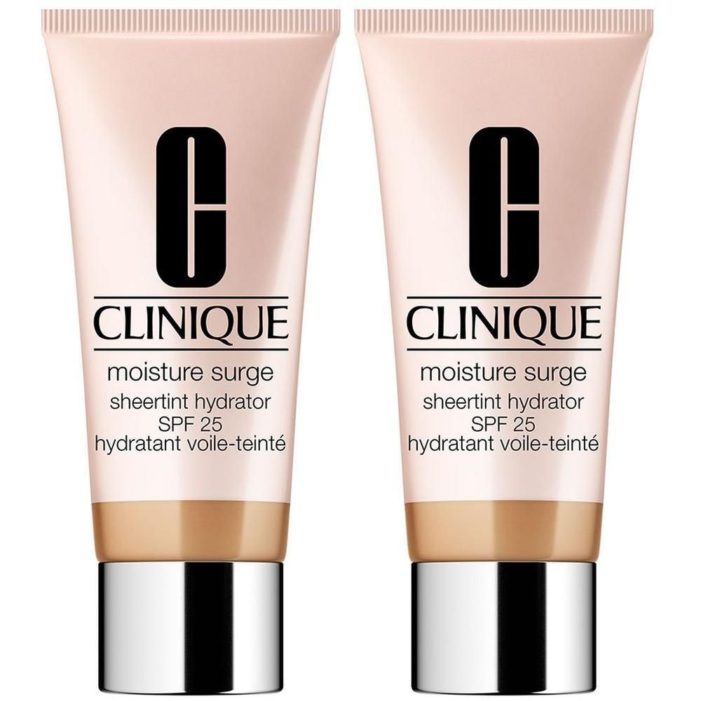 Zwei Clinique Moisture Surge Sheertint Hydrator SPF 25 in hellem bis mittlerem Farbton.