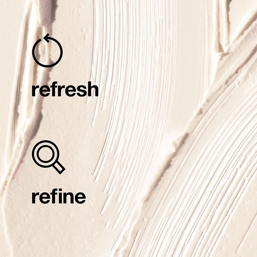 Textur eines hellen Peeling-Produkts mit Symbolen für 'refresh' und 'refine'.