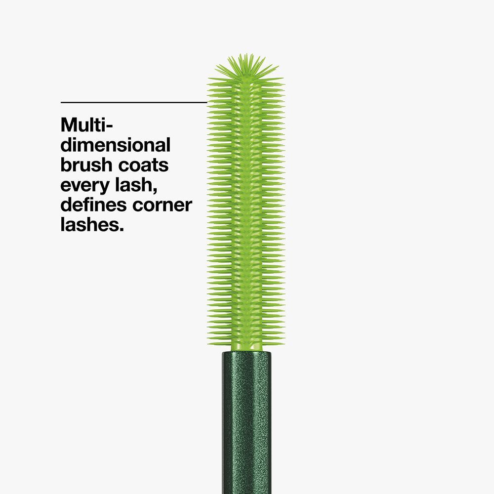 Brosse de mascara verte multidimensionnelle qui enrobe chaque cil.