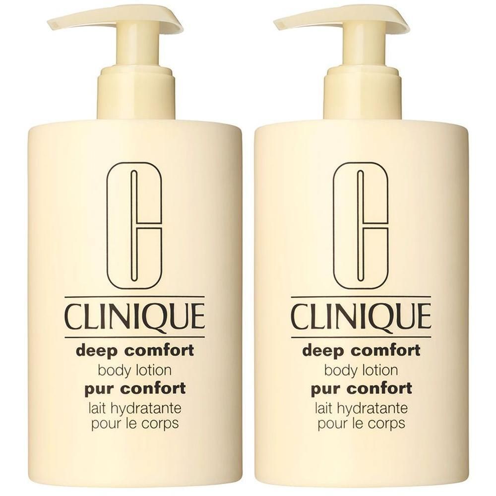 Deux flacons pompe Clinique Deep Comfort pour le corps en beige.