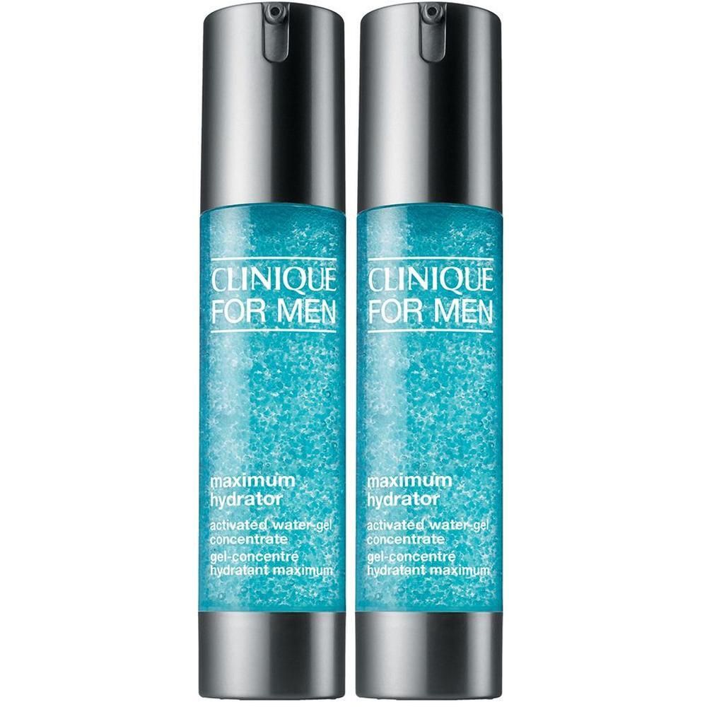Zwei CLINIQUE FOR MEN Maximum Hydrator Flaschen mit blauem Gel.
