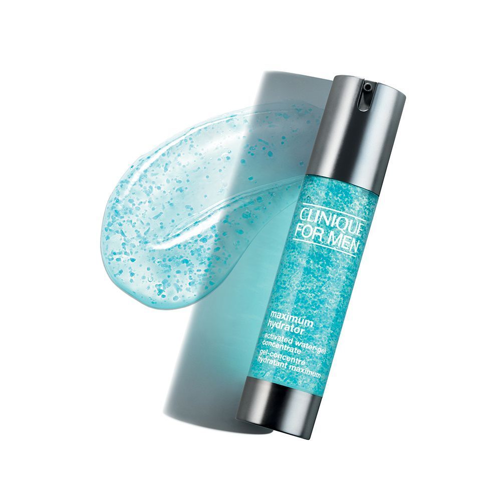 Eine CLINIQUE FOR MEN Maximum Hydrator Flasche mit einer Probe des Gels.